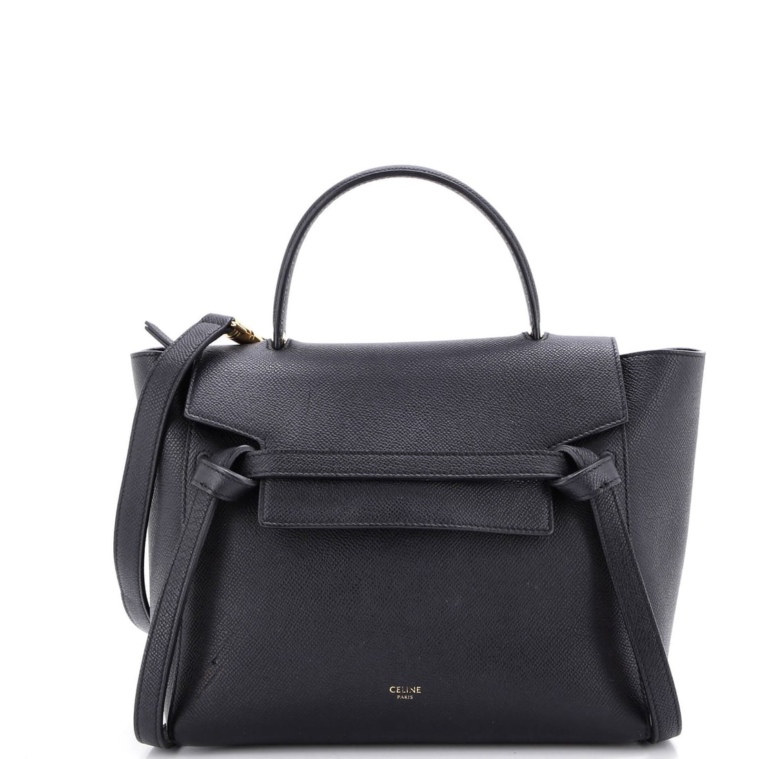Textured leather micro belt bag: Textured leather micro belt bag The textured leather micro belt bag boasts a sleek black exterior with subtle scuffs and minor creases, giving it a worn-in look. With its gold hardware and suede