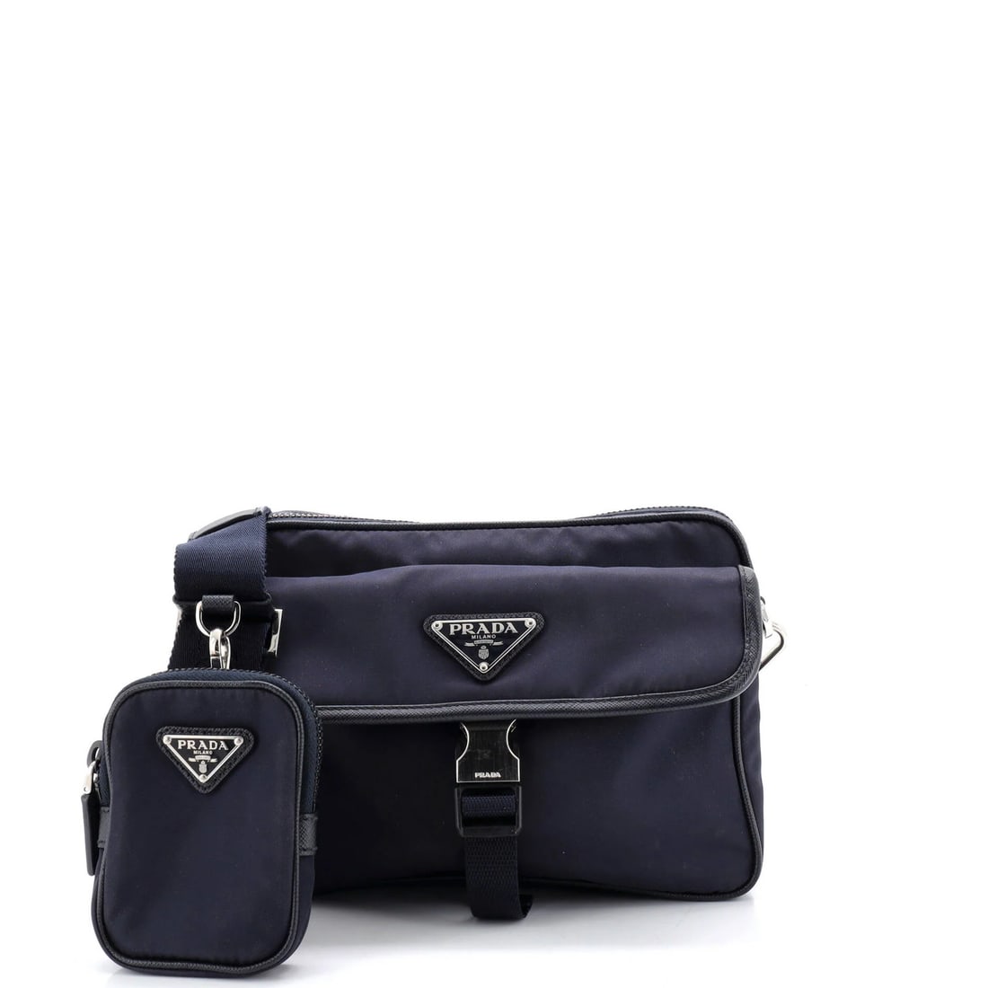 Buckle Front Pocket Re Nylon with Leather Saffiano Messenger Bag Prada: Buckle Front Pocket Re Nylon with Leather Saffiano Messenger Bag Prada This Prada messenger bag boasts a sleek buckle front pocket design with re-nylon and saffiano leather exterior. The blue color