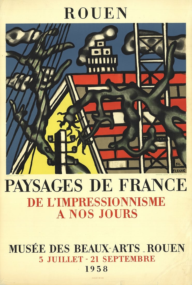 LEGER Fernand 34.25" x 23" THE HOUSE YELLOW Lithograph 1958 Modernism: LEGER Fernand 34.25" x 23" THE HOUSE YELLOW Lithograph 1958 Modernism The Yellow House, a striking lithograph by Fernand Leger, measures 34.25 x 23 inches and features an image size of 18 x 21.5 inche