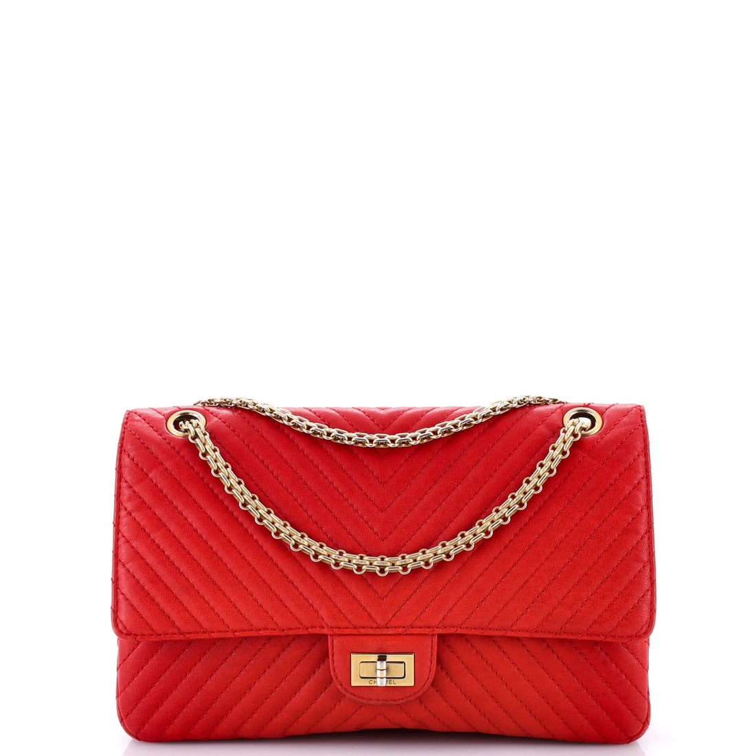 Chevron Sheepskin Bag: Chevron Sheepskin Bag The iconic 2.55 Flap Bag Chevron Sheepskin Reissue features a bold red exterior with gold hardware, adding a touch of sophistication to any outfit. This luxurious leather bag boa