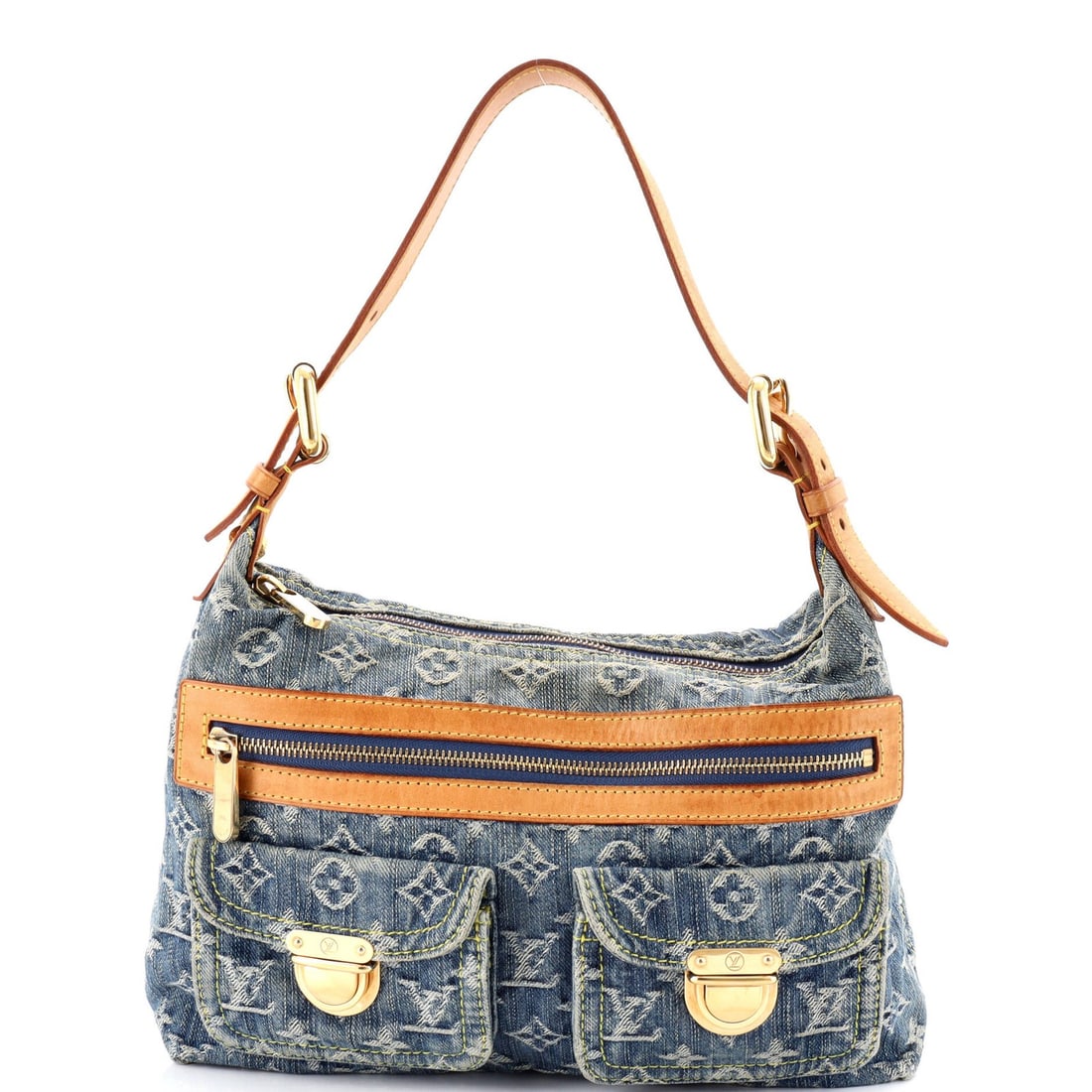 Louis Vuitton PM Handbag Baggy Denim: Louis Vuitton PM Handbag Baggy Denim Baggy Denim Louis Vuitton PM Handbag in Blue measures 8" tall and 11" wide with a 7-10" handle drop. The exterior features corner wear, discoloration, minor