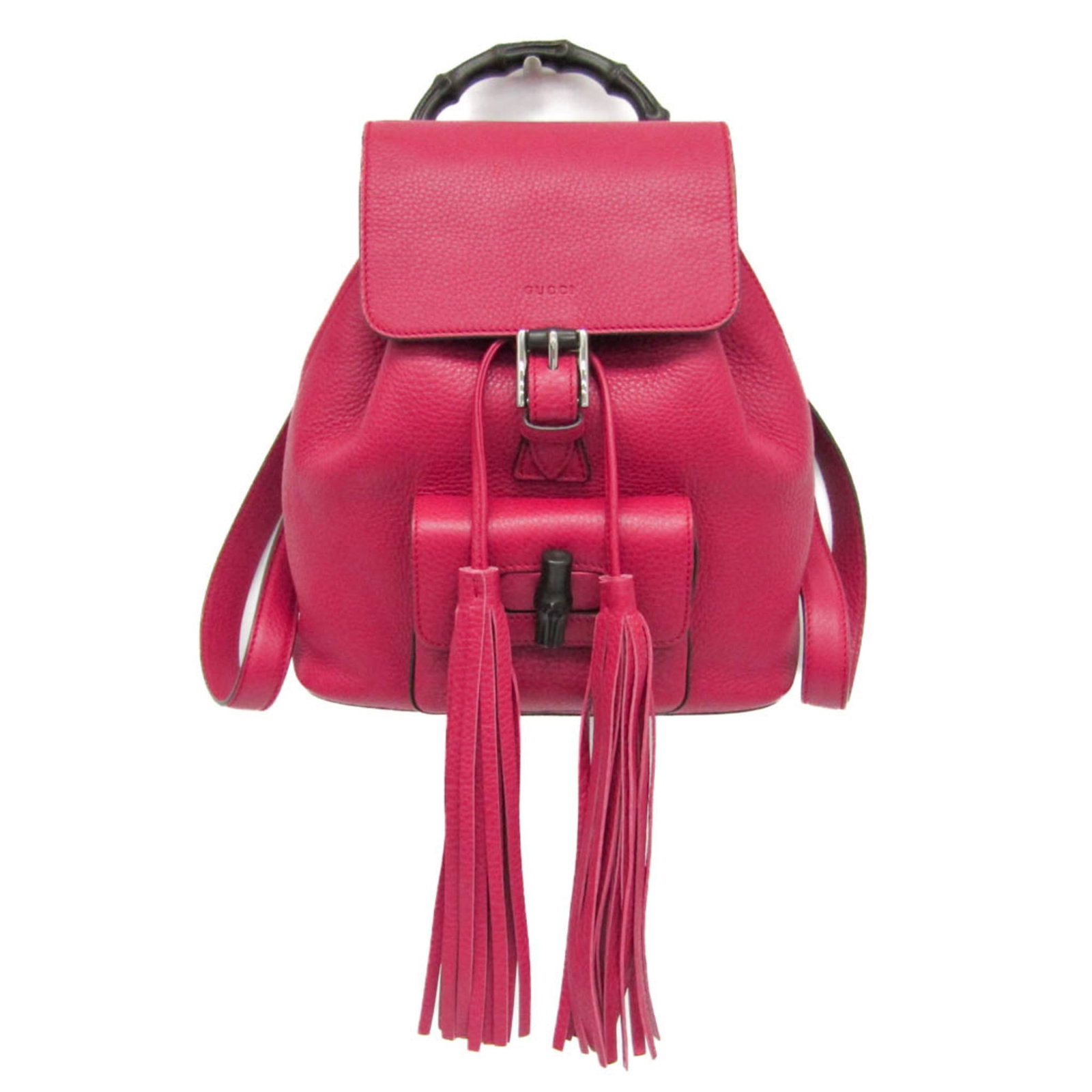 Gucci Backpack Leather Bamboo: Gucci Backpack Leather Bamboo The Gucci Backpack Leather Bamboo in Rose Red features an open phone holder and two outer pockets with turn locks for added security. Its durable leather and bamboo const