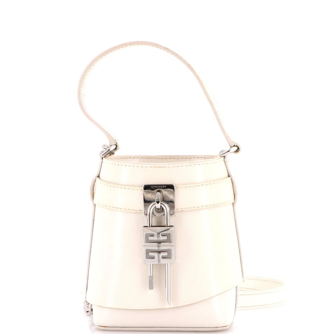 Shark Lock Bucket Bag Leather Micro Givenchy GV: Shark Lock Bucket Bag Leather Micro Givenchy GV The Givenchy GV Shark Lock Bucket Bag Leather Micro in white features a sleek, micro-sized design with a premium leather exterior and interior. Notable 
