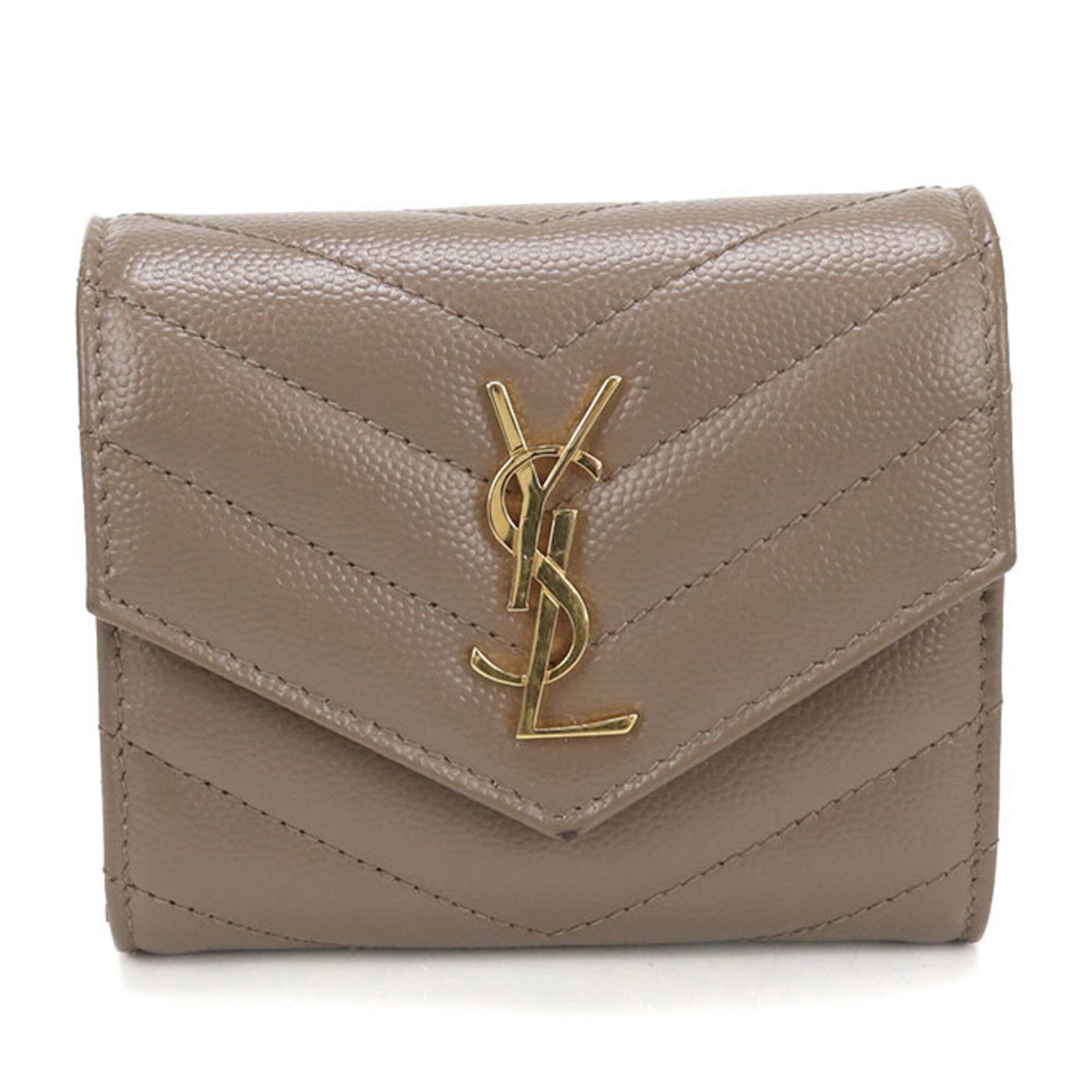 Saint Laurent Wallet (Tri-Fold) Leather: Saint Laurent Wallet (Tri-Fold) Leather The Saint Laurent Tri-Fold Wallet in brown calfskin leather features a classic design with a tri-fold layout. With its rich, supple leather and subtle scratches