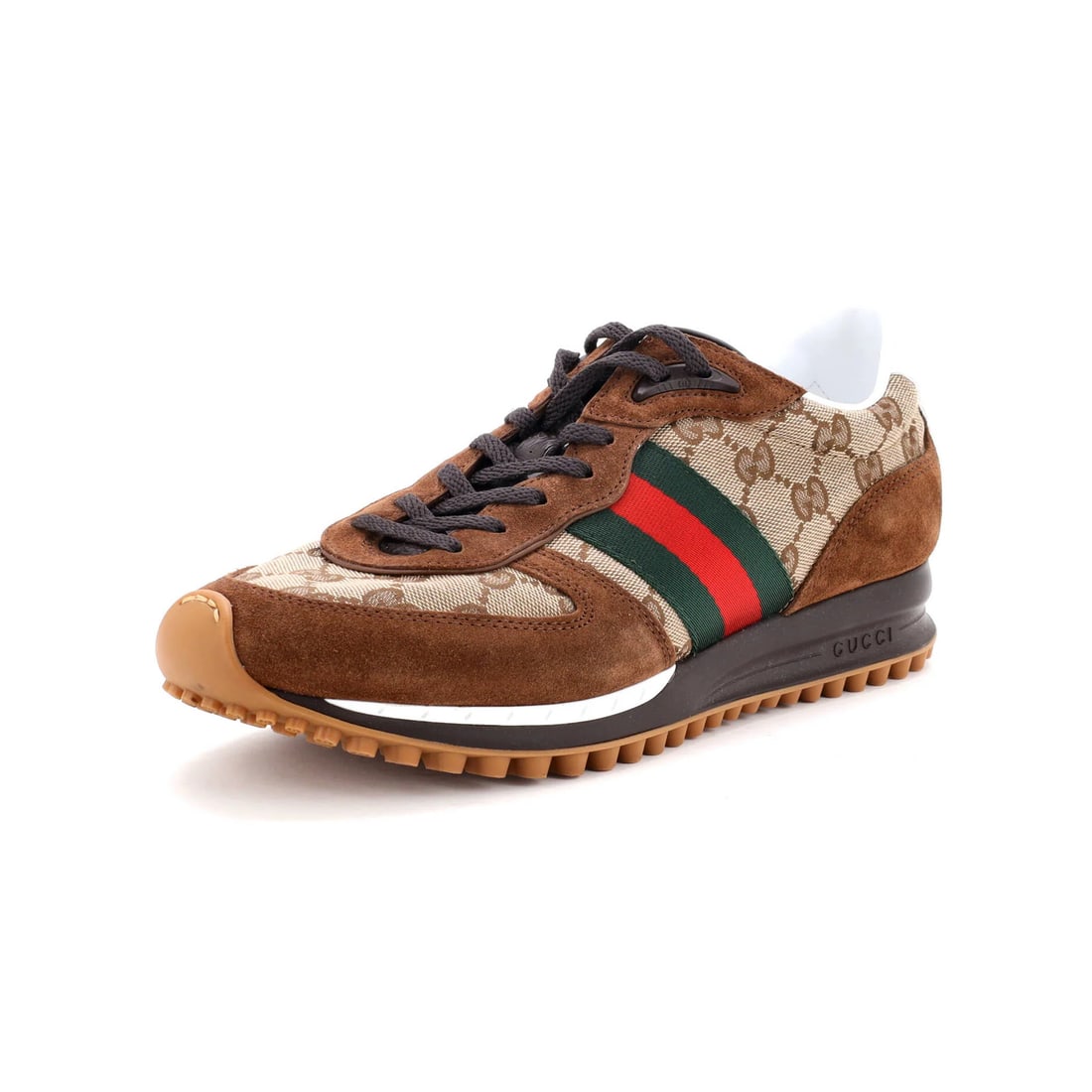 Men's Gucci GG Canvas Suede Sneakers Re Motion: Men's Gucci GG Canvas Suede Sneakers Re Motion Brown Gucci GG Canvas and Suede Re Motion Sneakers with Light Scuffs. These men's sneakers feature a canvas plain upper and suede exterior in brown and g