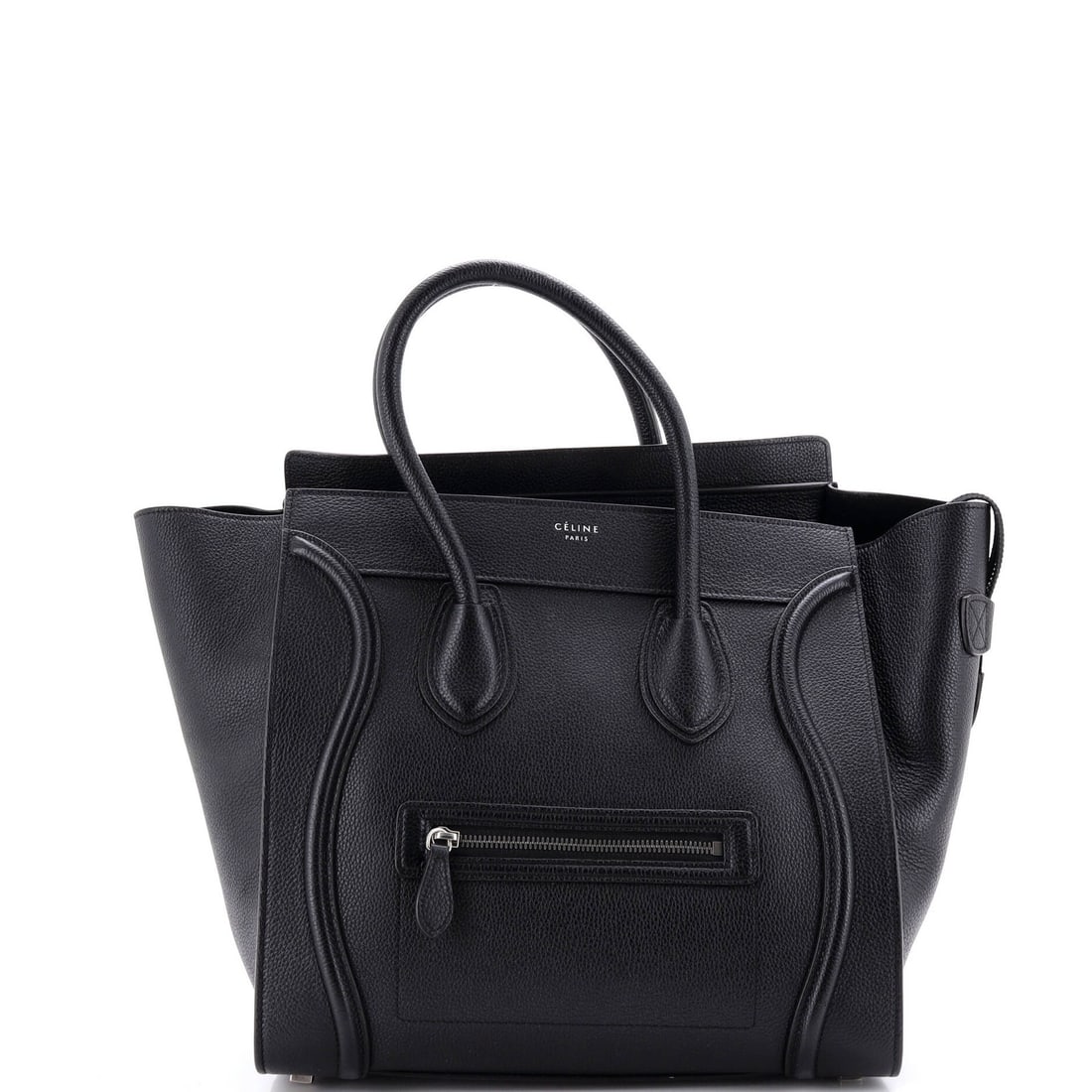 Celine mini grainy leather luggage bag: Celine mini grainy leather luggage bag Black grainy leather mini Celine luggage bag with silver hardware. This small tote features heavy corner wear and scuffs on its exterior, while its interior has 