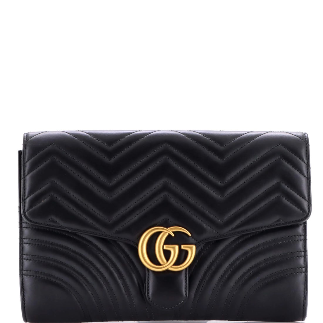 Gucci Matelasse Leather Marmont Flap Clutch GG: Gucci Matelasse Leather Marmont Flap Clutch GG The Gucci Matelasse Leather Marmont Flap Clutch GG boasts a sleek black exterior with subtle scuffs and creases, giving it a worn-in charm. This stylish