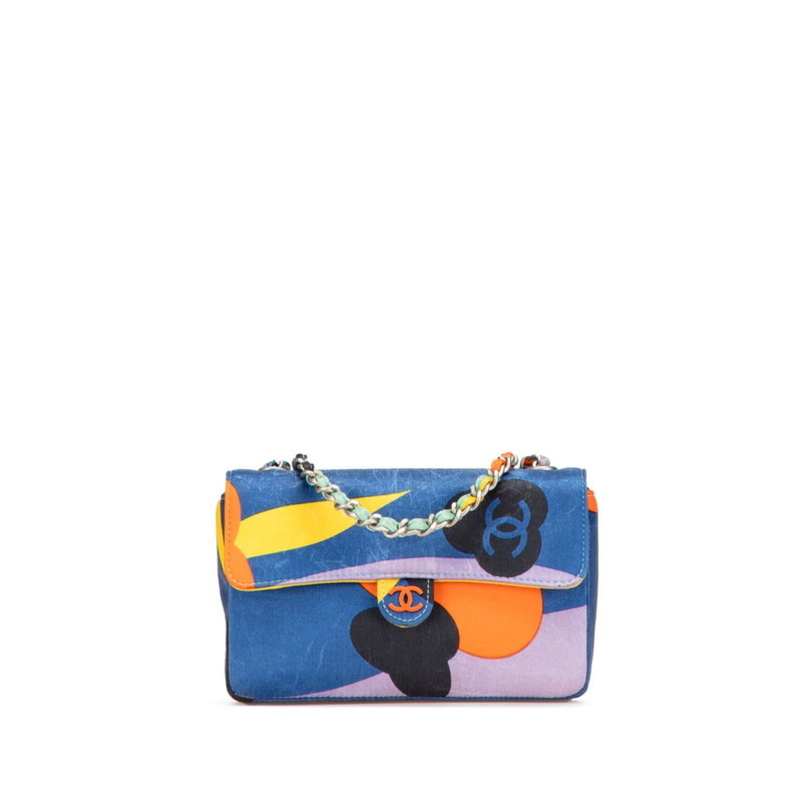 Chanel Shoulder Bag Satin: Chanel Shoulder Bag Satin The Chanel Shoulder Bag Satin boasts a stunning blue and multi-color satin exterior, showcasing the iconic brand's timeless elegance. Measuring 9.5cm x 15cm x 3cm, this