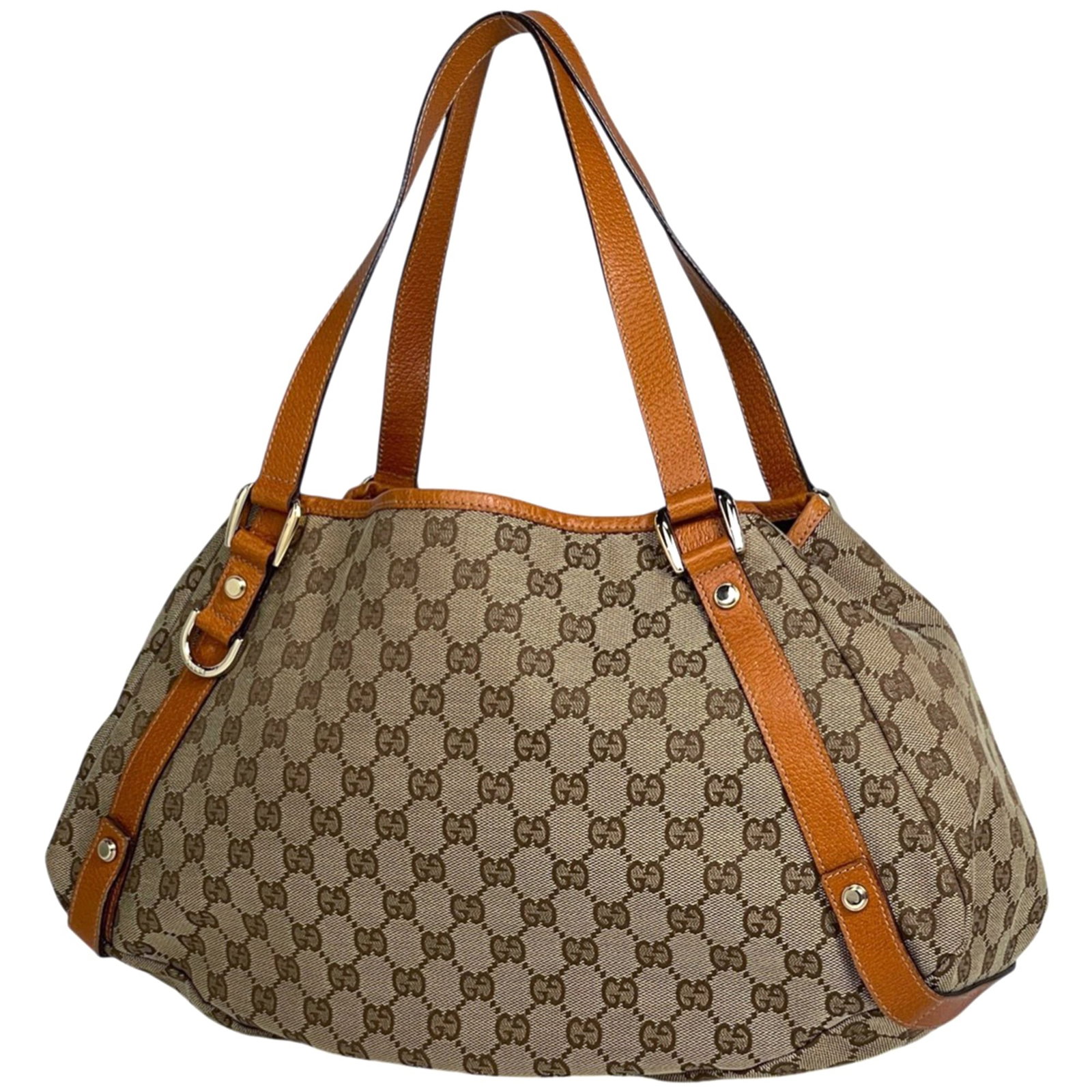 Gucci Shoulder Bag Tote Bag Gg Canvas Leather: Gucci Shoulder Bag Tote Bag Gg Canvas Leather Gucci's iconic shoulder bag tote features a unique blend of Gg canvas and leather in a stylish beige and orange color combination. With its classic