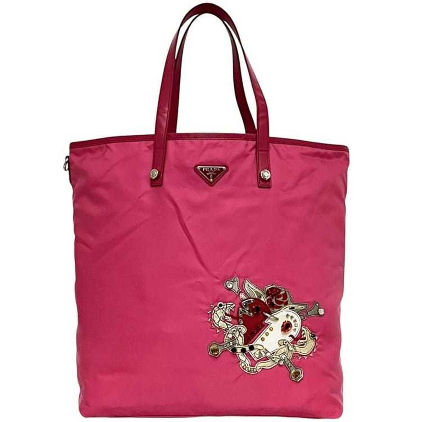 Prada Tote Bag Nylon Saffiano Triangle Leather: Prada Tote Bag Nylon Saffiano Triangle Leather Prada's iconic Tote Bag Nylon Saffiano Triangle Leather features a striking pink hue and durable construction. Made from high-quality materials, includin