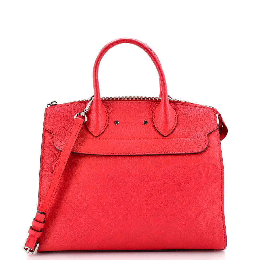 Pont Neuf Monogram Leather Empreinte Louis Vuitton Handbag: Pont Neuf Monogram Leather Empreinte Louis Vuitton Handbag The Pont Neuf Monogram Leather Empreinte Louis Vuitton Handbag features a striking red exterior with minor scuffs and creases. This stylish