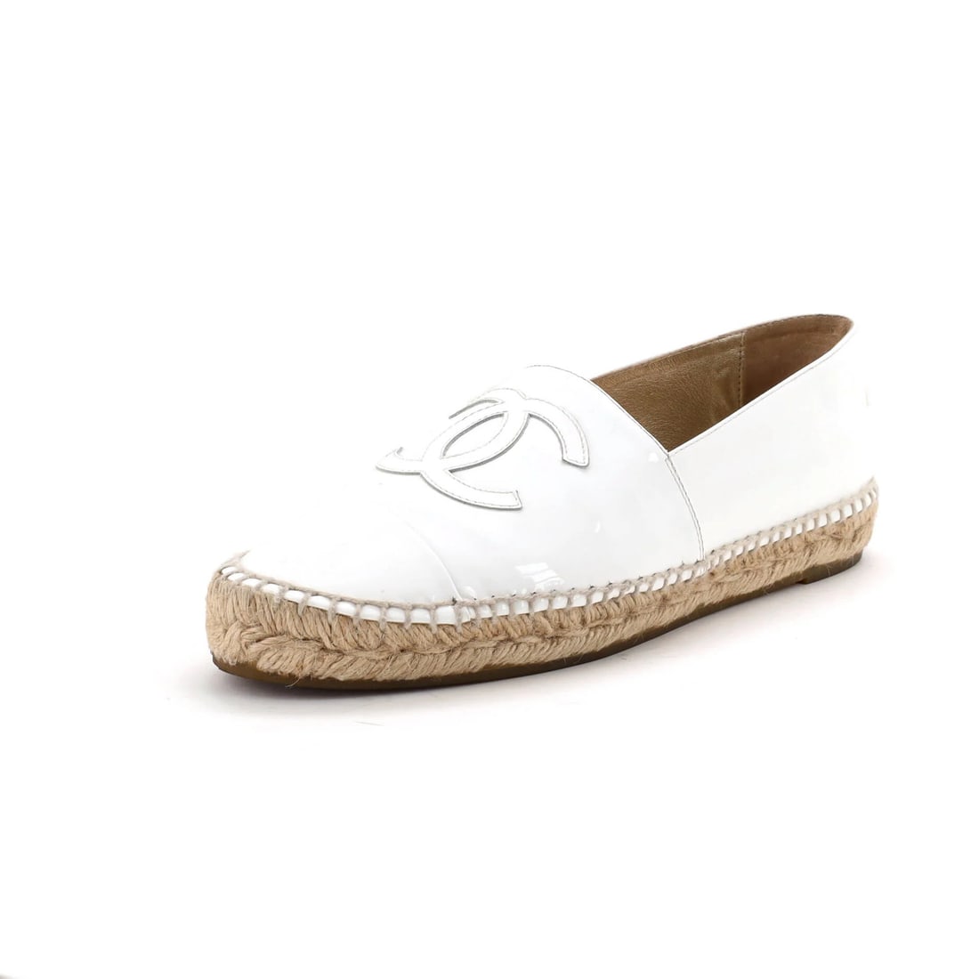 Patent Women's Espadrille Cap Toe CC Chanel: Patent Women's Espadrille Cap Toe CC Chanel Patent Women's Espadrille Cap Toe CC Chanel - A stylish and eye-catching shoe featuring patent leather exterior with gold interior accents. The classic cap 