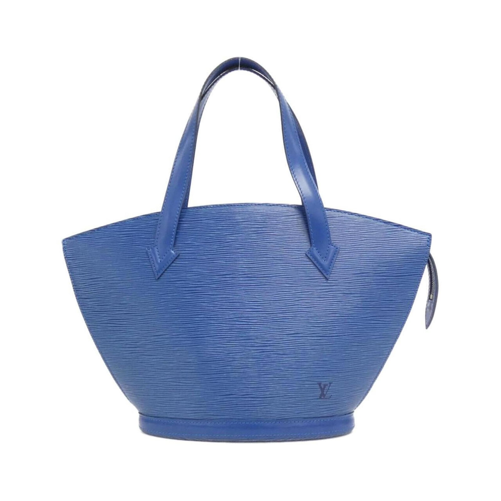 Louis Vuitton Handbag Leather: Louis Vuitton Handbag Leather This Louis Vuitton handbag features high-quality calf leather in blue, adorned with gold hardware. The bag has been used and shows some signs of wear, including