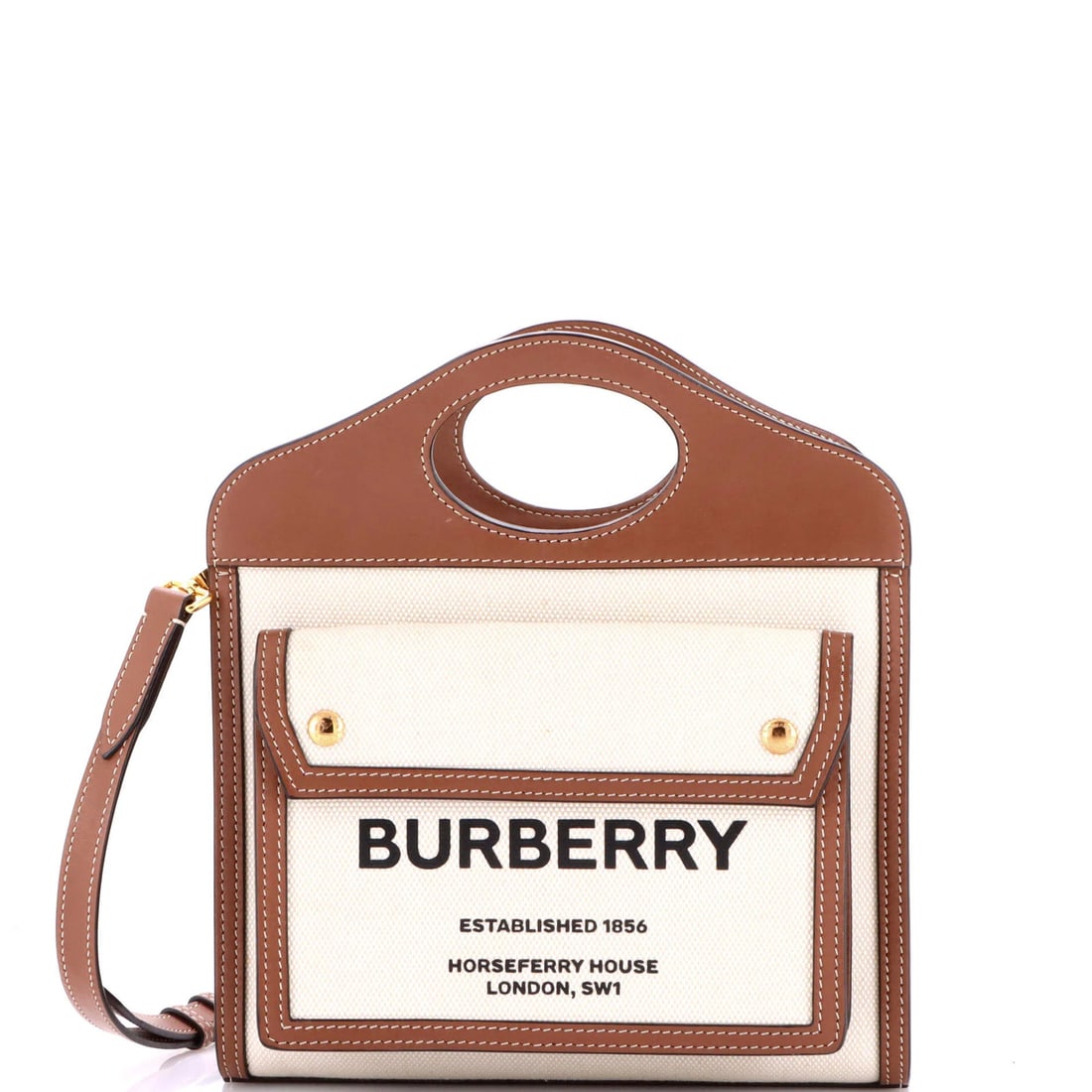 Logo Pocket Tote Canvas Leather Mini Burberry: Logo Pocket Tote Canvas Leather Mini Burberry This Mini Burberry Logo Pocket Tote features a neutral exterior with minor scuffs and a gold-toned leather strap. The canvas plain exterior is complemente