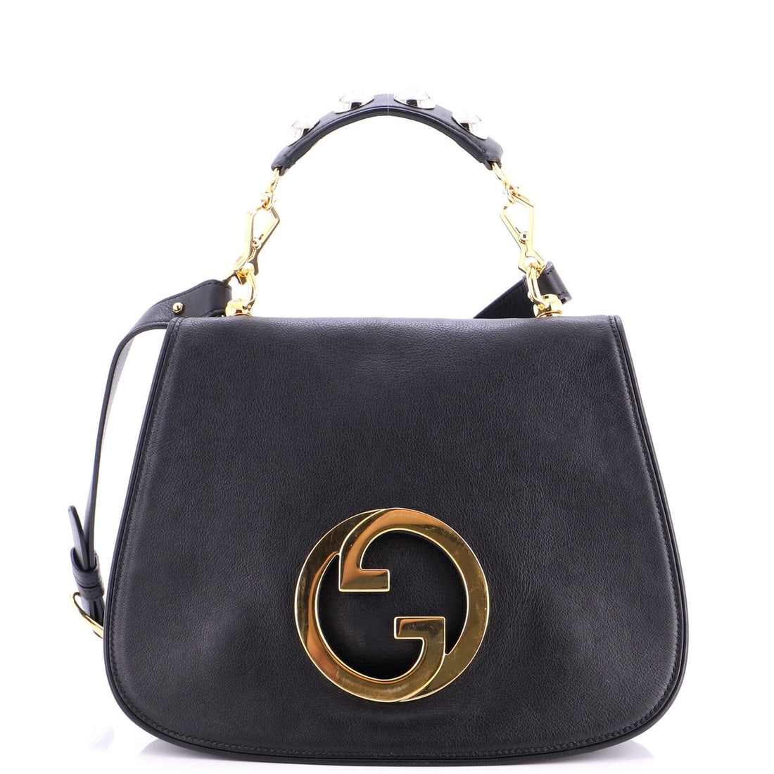 Gucci Blondie NM Medium Handle Leather Bag: Gucci Blondie NM Medium Handle Leather Bag The Gucci Blondie NM Medium Handle Leather Bag boasts sleek black leather exterior with subtle signs of wear and scuffs, giving it a unique, lived-in look.