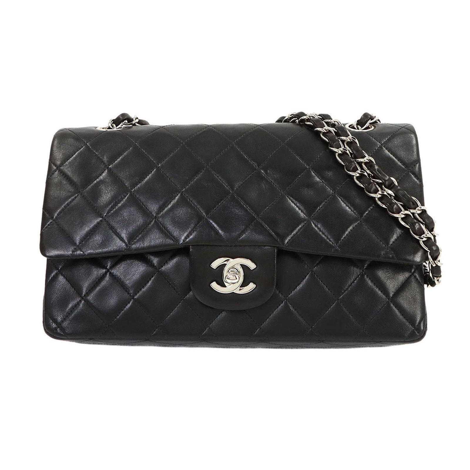Chanel Handbag Shoulder Bag Leather: Chanel Handbag Shoulder Bag Leather This luxurious black lambskin Chanel shoulder bag features sleek lines and premium leather construction. With its compact size and timeless design, it's perfect for