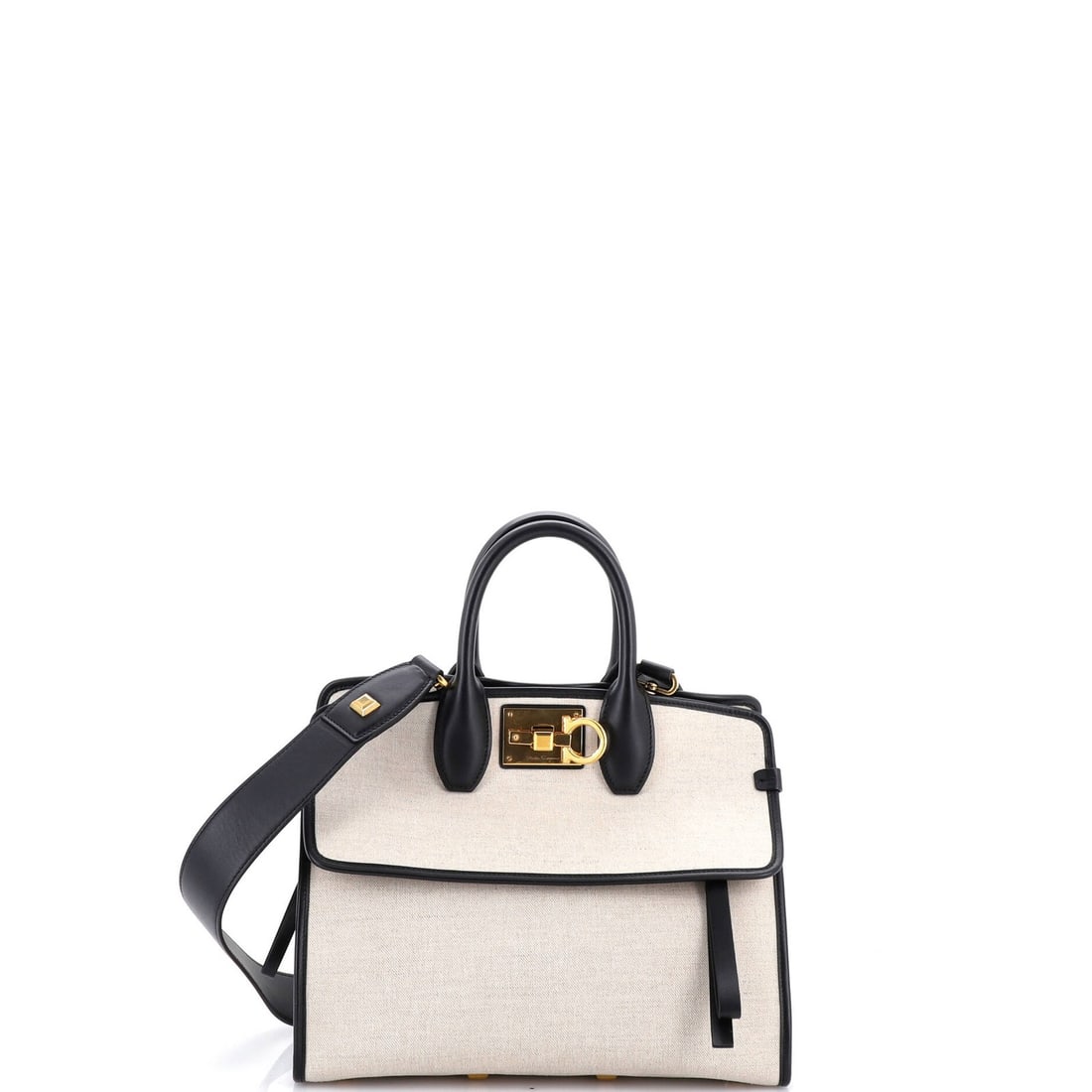 Studio Salvatore Ferragamo Small Satchel Soft Canvas: Studio Salvatore Ferragamo Small Satchel Soft Canvas The Salvatore Ferragamo Small Satchel Soft Canvas boasts a neutral exterior with minor scuffs and a spacious interior. Measuring 9.5" tall, 11.5"