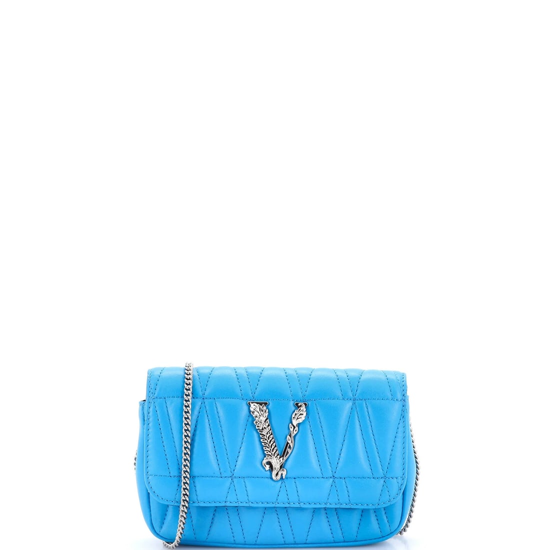 Chain flap mini quilted leather bag shoulder bag by Virtus Versace: Chain flap mini quilted leather bag shoulder bag by Virtus Versace The Virtus Chain Flap Shoulder Bag Quilted Leather Mini in blue features a striking chain flap design, adding an edgy touch to this s