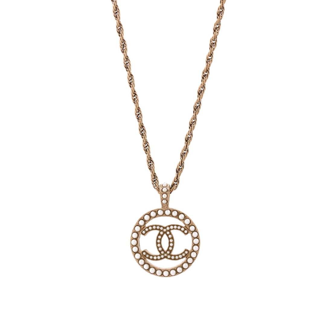 Pearl Faux Pendant Necklace Metal Chanel CC Round: Pearl Faux Pendant Necklace Metal Chanel CC Round Gold Metal Chanel CC Round Pendant Necklace with Faux Pearls measures 24" in height and 38" in width. The necklace features a stylish CC Round