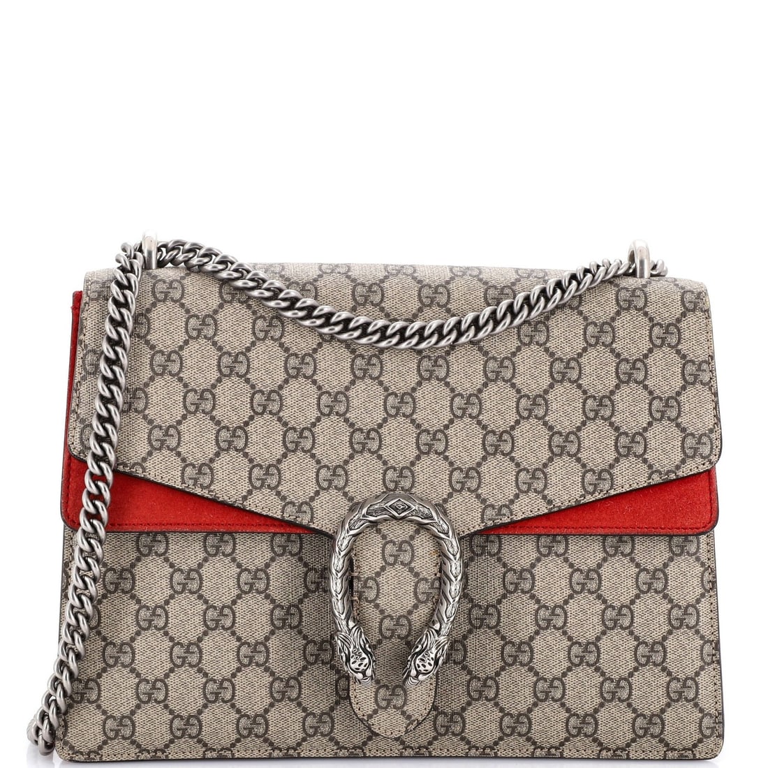 Gucci Dionysus Medium GG Coated Canvas Bag: Gucci Dionysus Medium GG Coated Canvas Bag The Gucci Dionysus Medium GG Coated Canvas Bag boasts a rich brown exterior with subtle red accents, adding depth to its classic design. Measuring 8" in