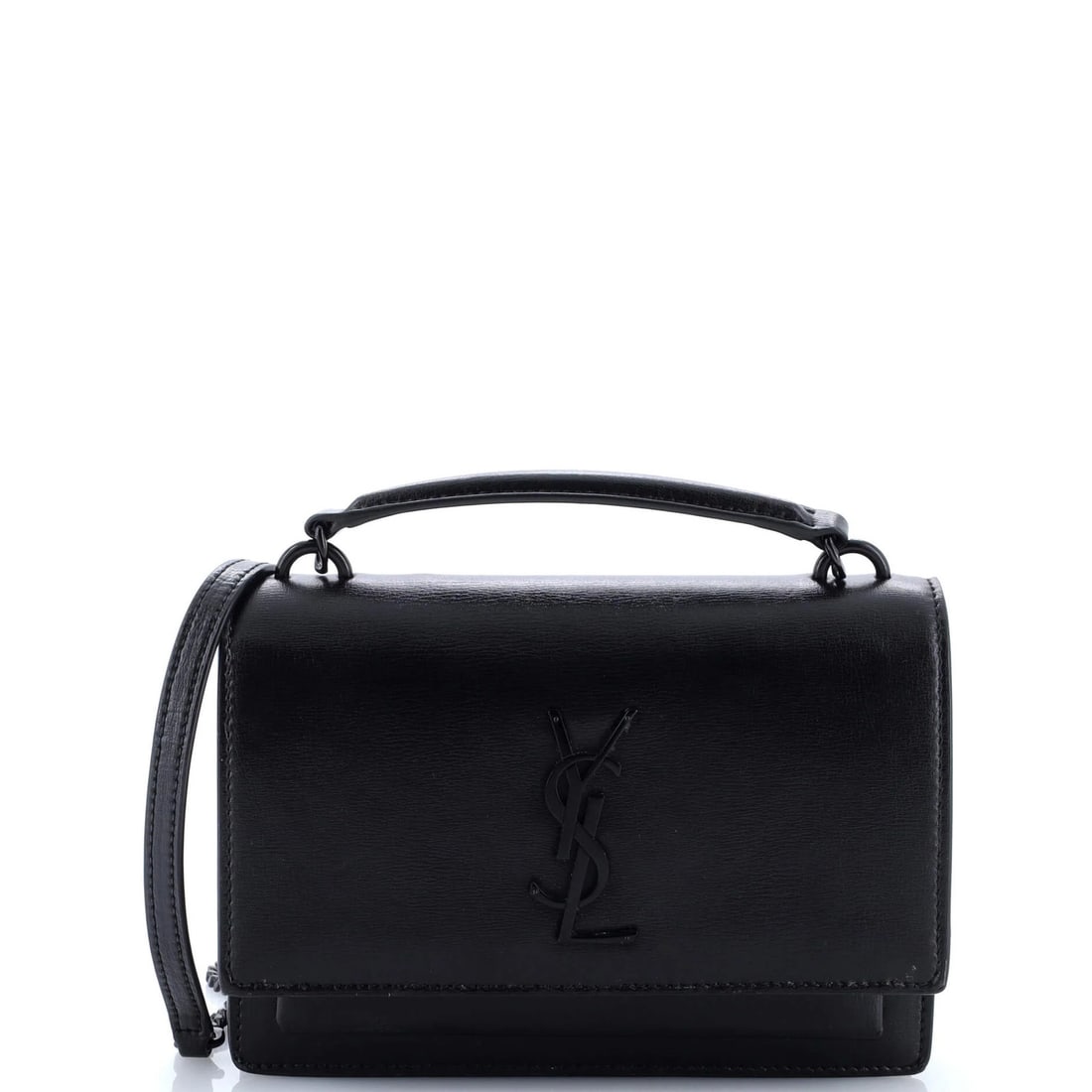 Saint Laurent Sunset Wallet Leather Chain Top Handle Top: Saint Laurent Sunset Wallet Leather Chain Top Handle Top The Saint Laurent Sunset Wallet Leather Chain Top Handle Top boasts sleek black leather exterior with subtle signs of wear. This cross-body