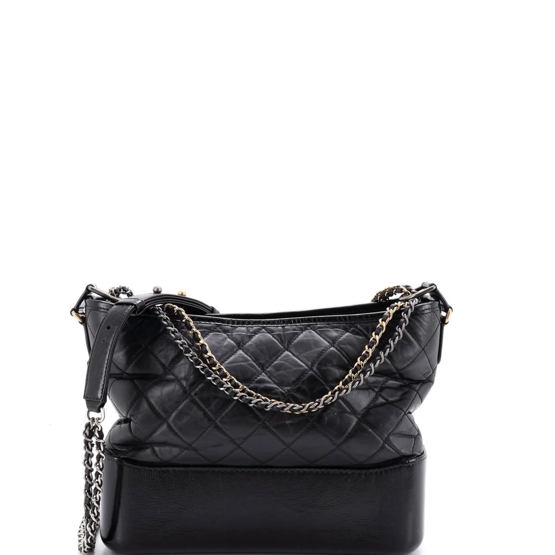Calfskin quilted aged medium Chanel hobobag: Calfskin quilted aged medium Chanel hobobag The quilted aged medium Chanel Gabrielle Hobo features a classic black patent leather exterior with scuffs and minor creases. This stylish bag boasts a spac