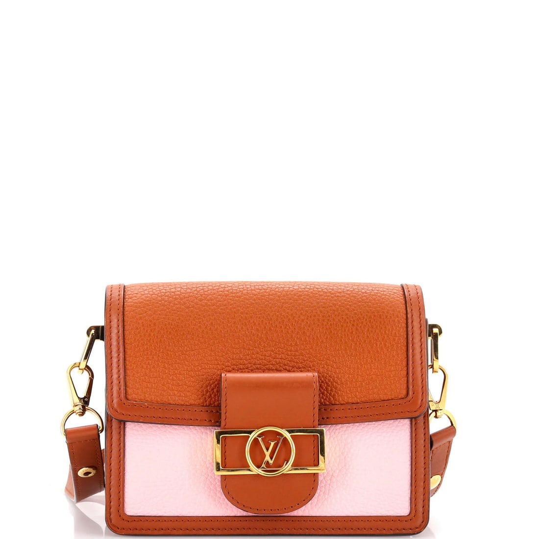Vuitton Dauphine Bag Calfskin Mini: Vuitton Dauphine Bag Calfskin Mini The Louis Vuitton Dauphine Bag Calfskin Mini is a stylish and compact shoulder bag with a rich brown exterior and pink accents. Measuring just 6" tall and 8" wide, t