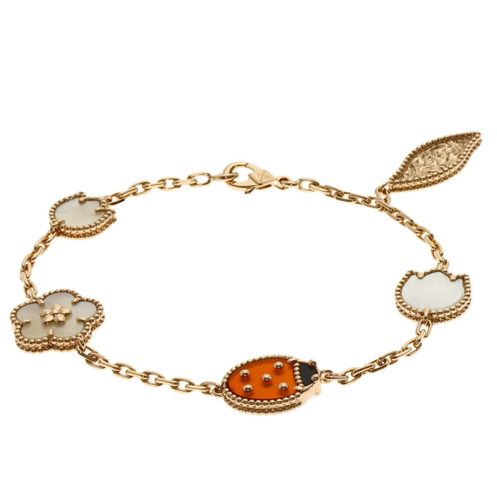 Van Cleef & Arpels Charm Bracelet Pink Gold (18K): Van Cleef & Arpels Charm Bracelet Pink Gold (18K) Van Cleef & Arpels Charm Bracelet in Pink Gold (18K) features a unique combination of Carnelian, Onyx, and Shell stones. The 17.5cm length showcases t