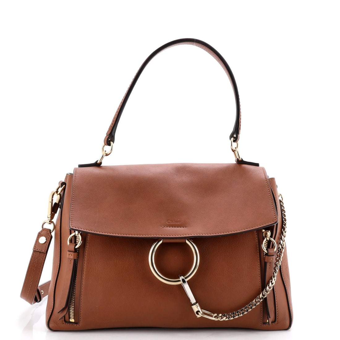 Faye Day Medium Chloe Leather Bag: Faye Day Medium Chloe Leather Bag The Faye Day Medium Chloe Leather Bag boasts a rich brown leather exterior with subtle signs of wear, including heavy corner wear and scuffs. With its sturdy gold ton