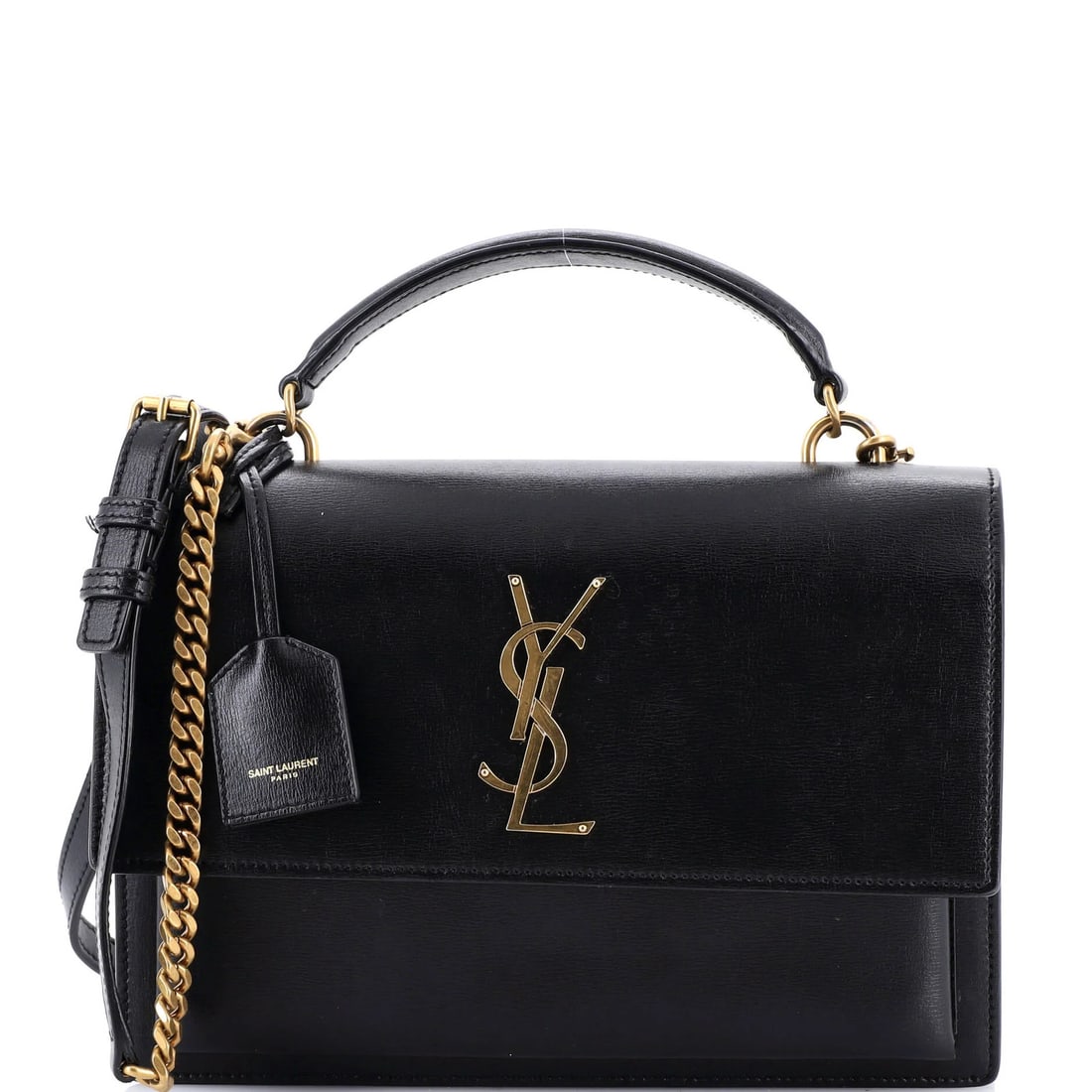 Laurent Saint Medium Top Leather Handle Shoulder Bag Sunset: Laurent Saint Medium Top Leather Handle Shoulder Bag Sunset The Laurent Saint Medium Top Leather Handle Shoulder Bag Sunset boasts sleek black leather exterior with gold hardware and suede interior.