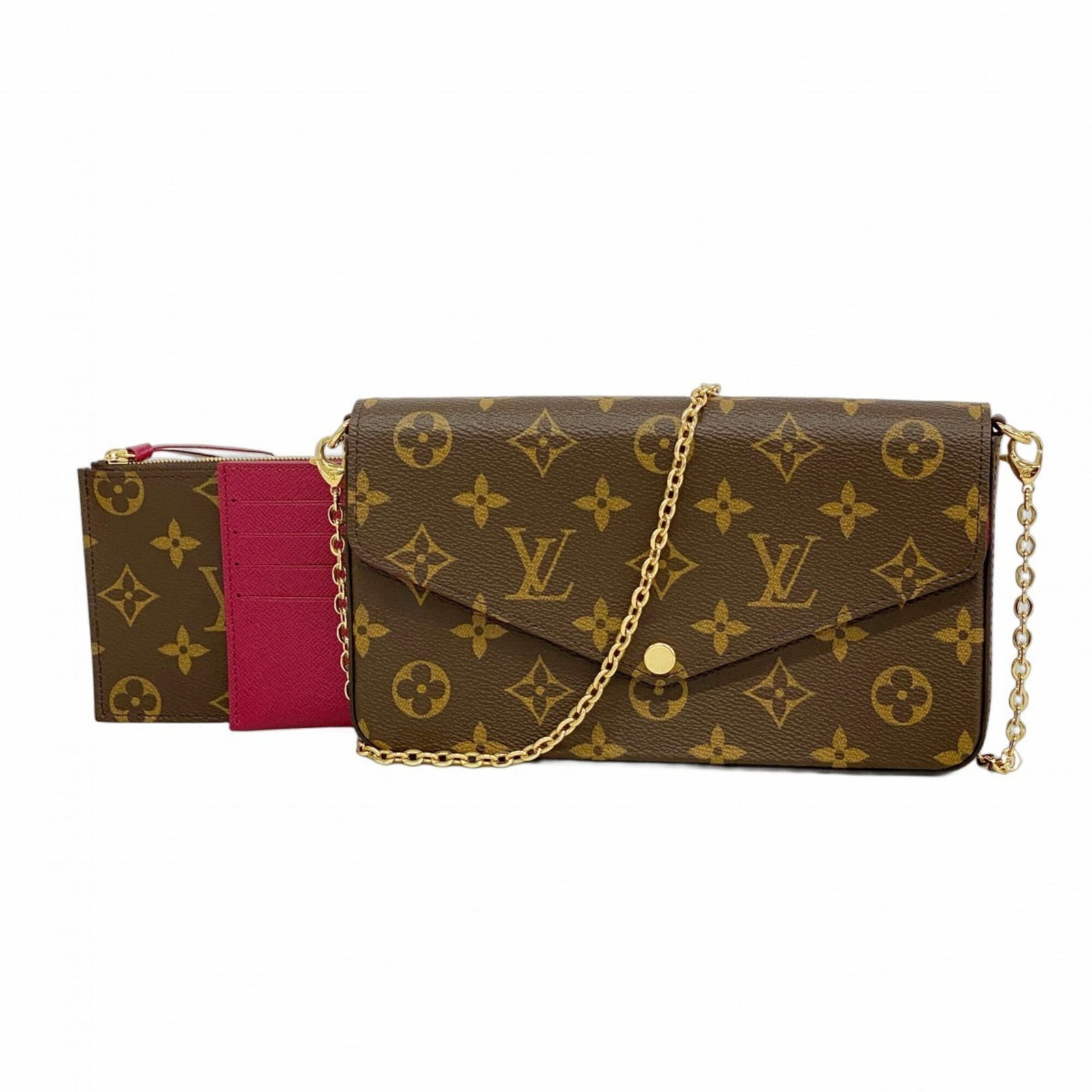 Louis Vuitton Chain/Shoulder Wallet: Louis Vuitton Chain/Shoulder Wallet The Louis Vuitton Chain/Shoulder Wallet features a vibrant fuchsia color and chain design, offering a stylish and versatile accessory for everyday use. With its com