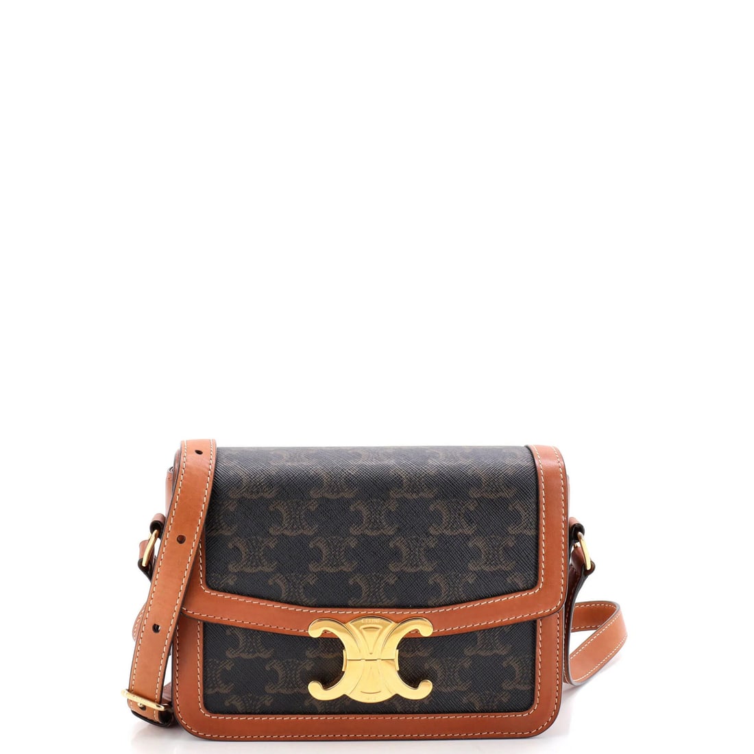 Shoulder Bag Coated Canvas Triomphe Teen Celine: Shoulder Bag Coated Canvas Triomphe Teen Celine The Celine Triomphe Shoulder Bag boasts a classic design with a canvas-coated exterior in rich brown, adding a touch of sophistication to any outfit. Me