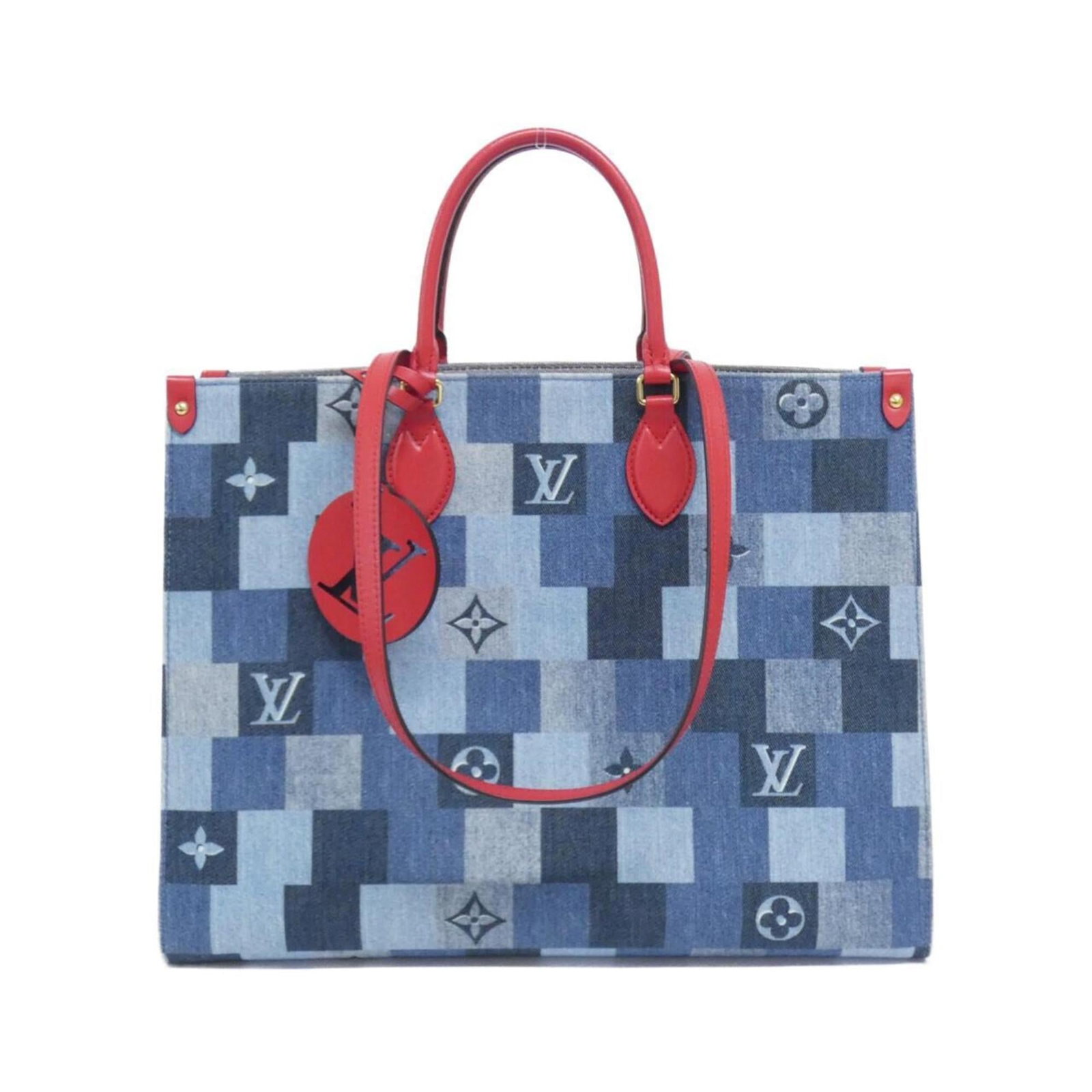 Louis Vuitton Handbag Denim: Louis Vuitton Handbag Denim Used Louis Vuitton Handbag Denim in blue and rouge, featuring a unique denim material. This 32cm x 41cm x 17cm handbag has some scratches and dirt, but remains in very good