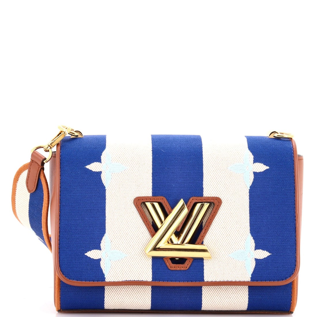 Limited Edition Embroidered Canvas Twist Handbag MM Louis Vuitton: Limited Edition Embroidered Canvas Twist Handbag MM Louis Vuitton The Limited Edition Embroidered Canvas Twist Handbag MM Louis Vuitton boasts a striking blue and brown striped design, perfectly