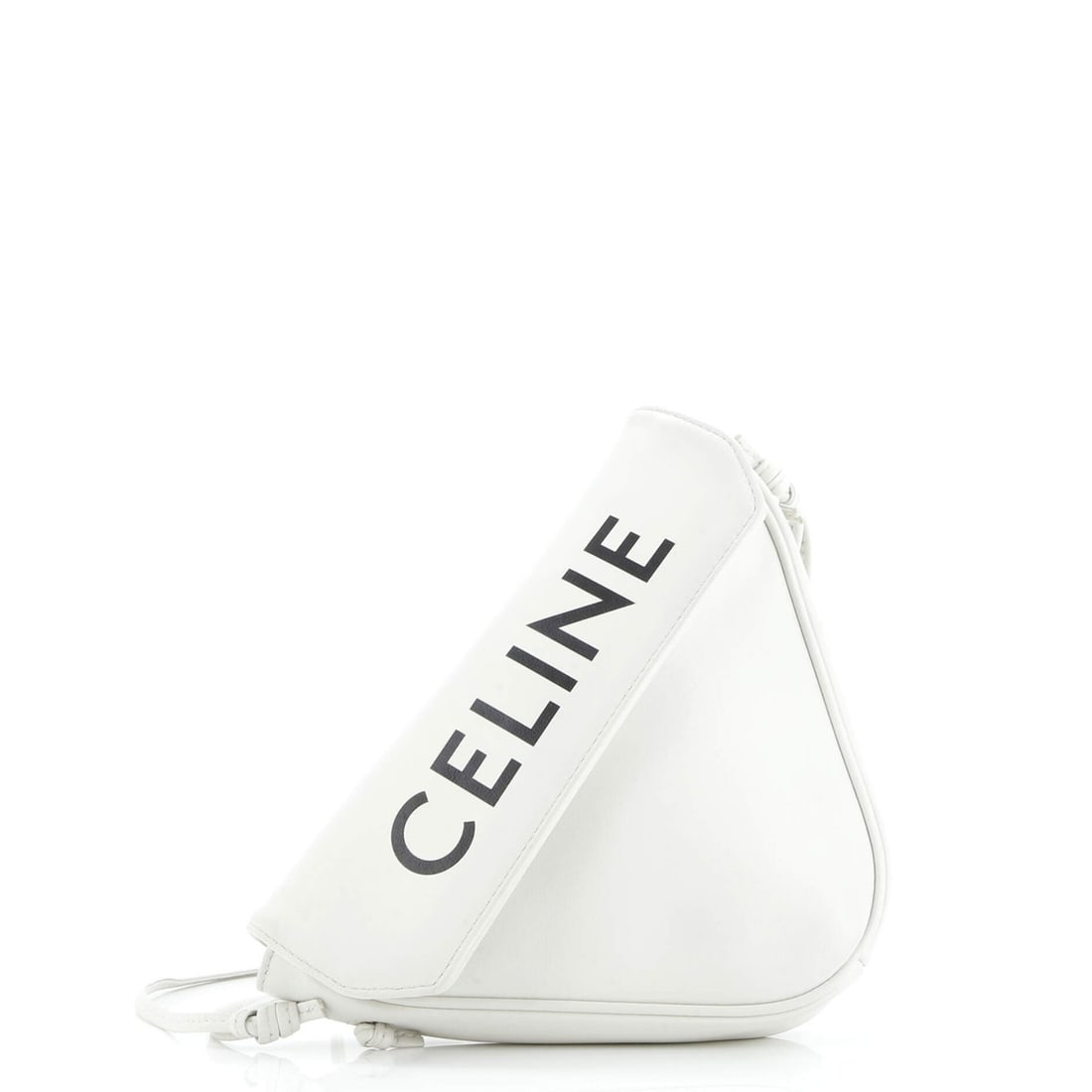 Triangle bag small leather Celine: Triangle bag small leather Celine Small white leather Celine Triangle bag with minor creases and scuffs on exterior, featuring black interior with leather strap drop of 15-27 inches. Measures 6" x 8"