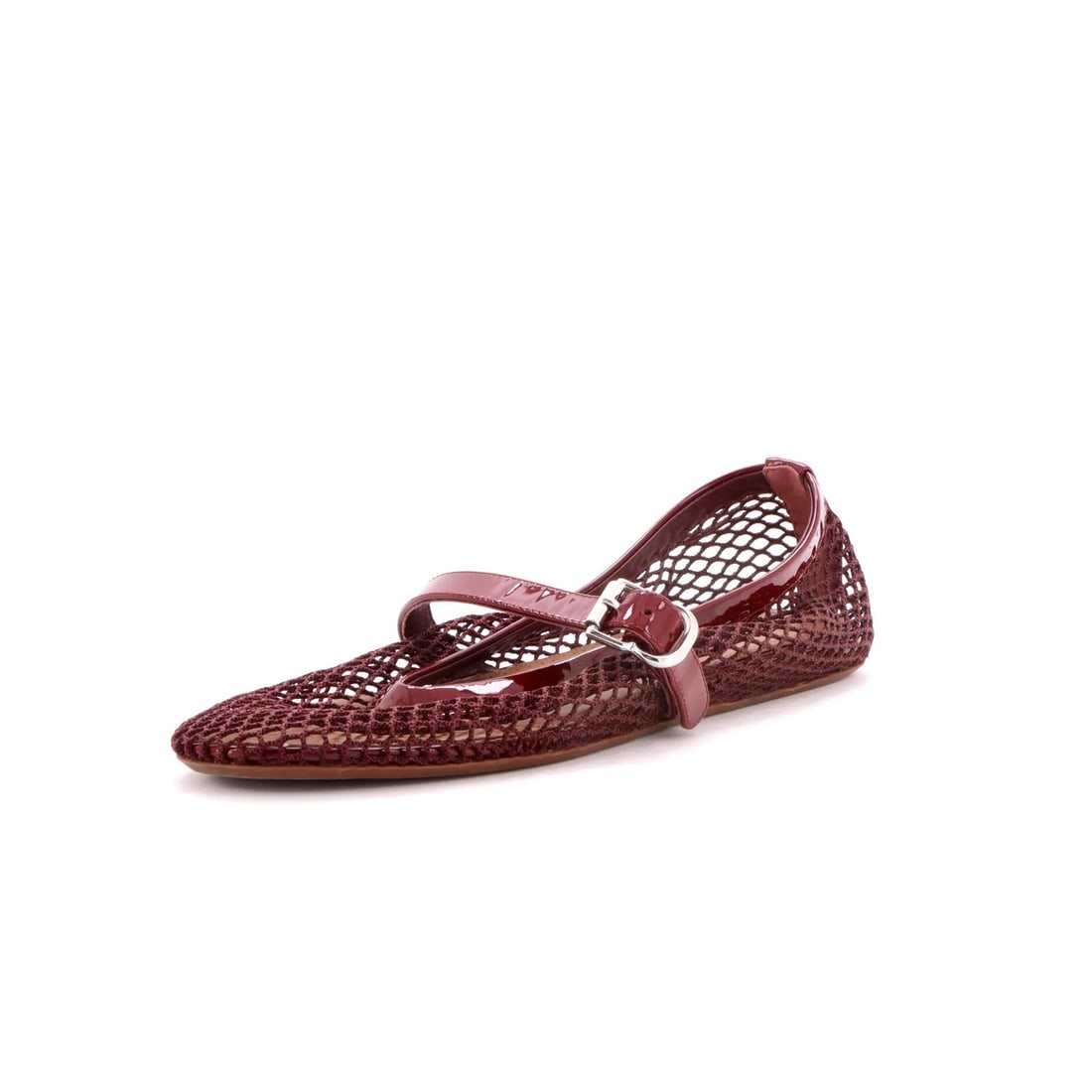 Women's Buckle Ballerina Flat with Patent Mesh: Women's Buckle Ballerina Flat with Patent Mesh Red patent mesh buckle ballerina flats with silver hardware offer a stylish and eye-catching design. The shoes feature a sleek mesh upper and a comfortab