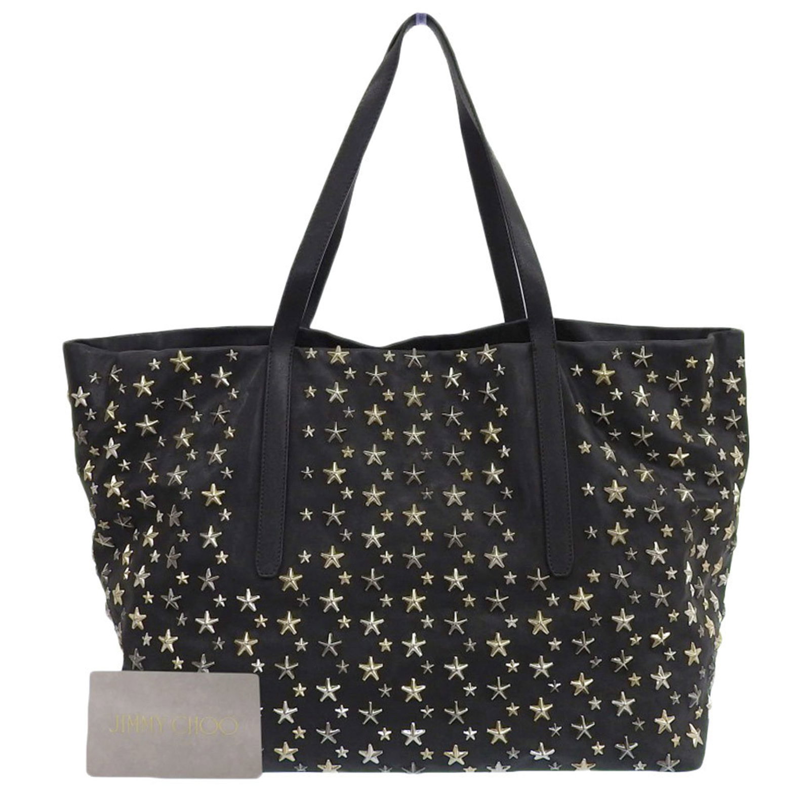 Jimmy Choo Tote Bag Leather: Jimmy Choo Tote Bag Leather Used Jimmy Choo Tote Bag Leather in black. This tote bag features high-quality leather construction and an open closure, with some minor scratches and dirt visible due to