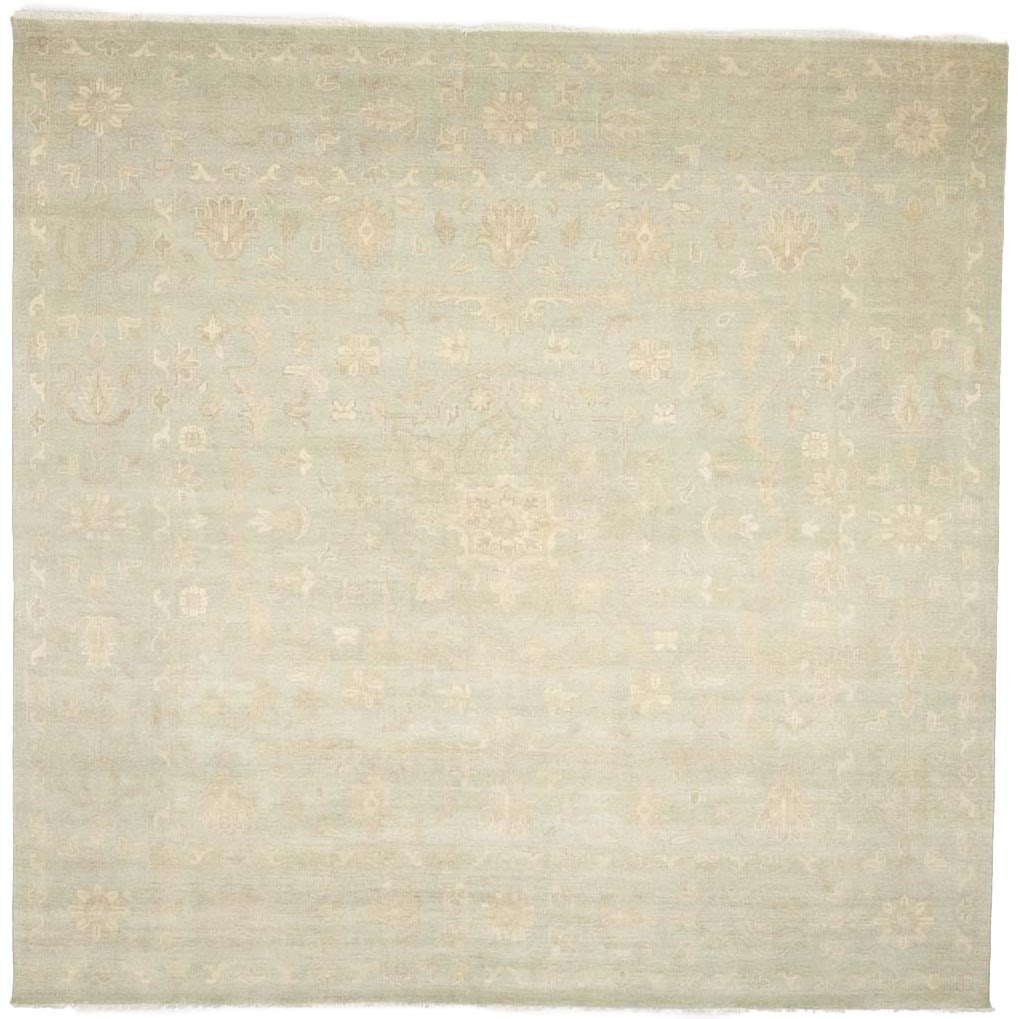 Handmade floral transitional oriental square rug in muted aqua green carpet: Handmade floral transitional oriental square rug in muted aqua green carpet Hand-knotted in wool, this unique square rug boasts a beautiful muted aqua green carpet surrounded by beige and cream hues.