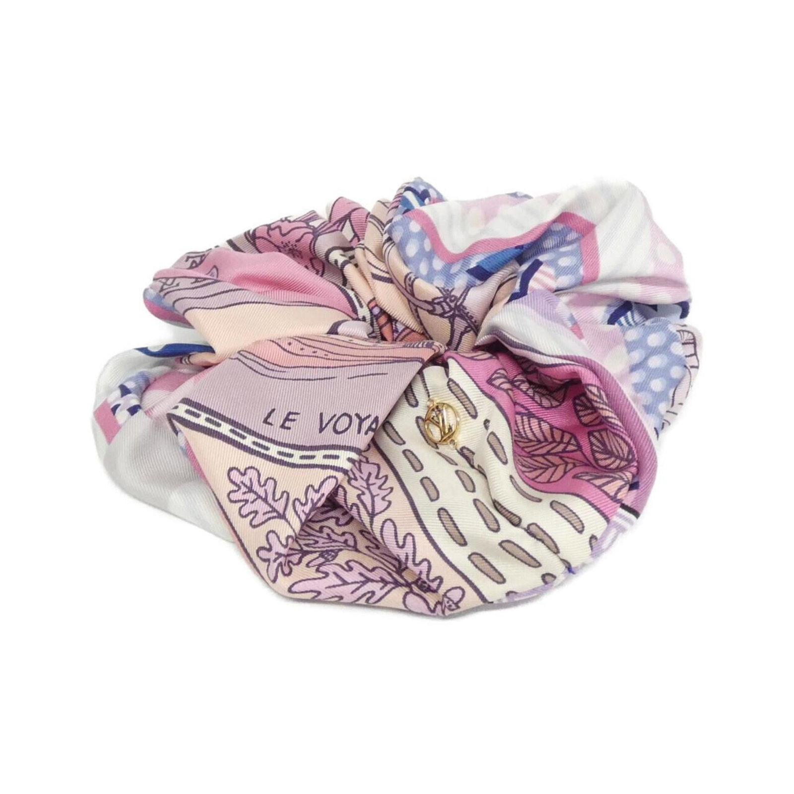Louis Vuitton Scrunchie Silk: Louis Vuitton Scrunchie Silk Silk scrunchie from Louis Vuitton in purple, featuring a subtle sheen to its fabric. The item has some minor scratches and dirt, with a few traces of usage visible, yet re