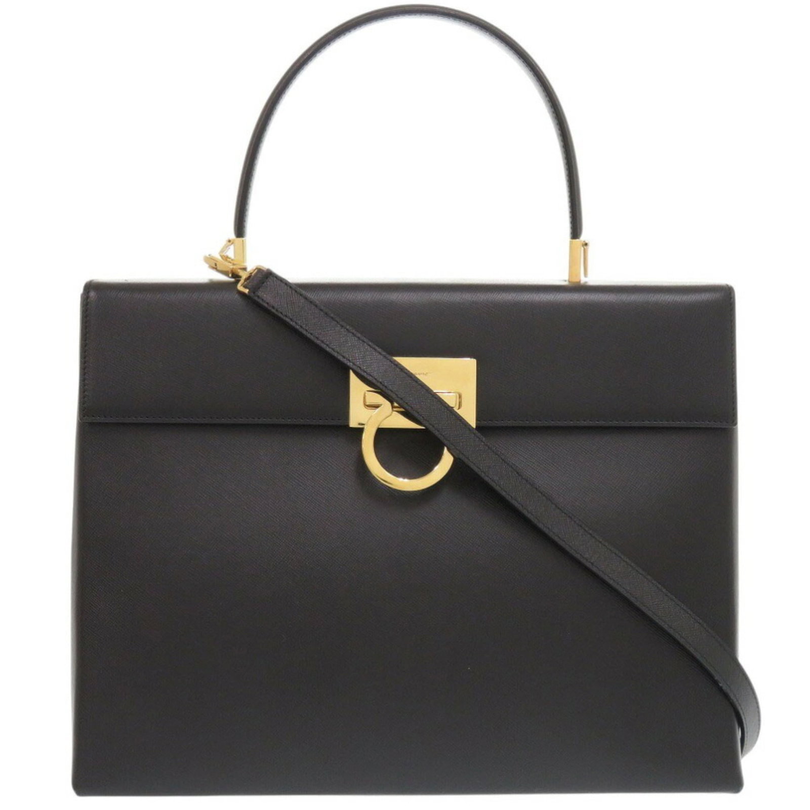 Salvatore Ferragamo Handbag Leather: Salvatore Ferragamo Handbag Leather Black Salvatore Ferragamo handbag made from high-quality leather features gold hardware and measures 22.5cm x 29cm x 11.5cm. The bag has traces of usage with