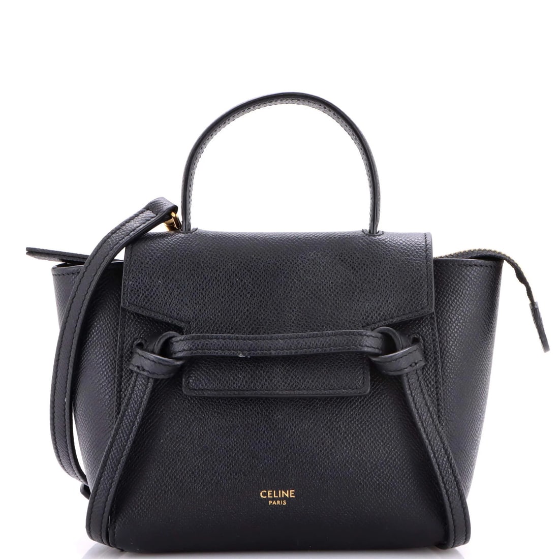 Celine Pico Leather Textured Belt Bag: Celine Pico Leather Textured Belt Bag The Celine Pico Leather Textured Belt Bag boasts a sleek black exterior with textured leather, complemented by suede interior and gold hardware. Measuring 5.5" ta