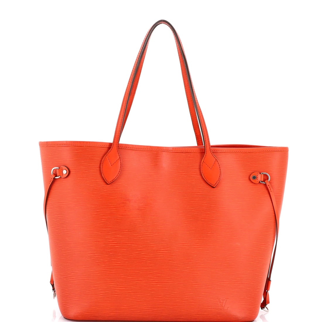 Strict Rules: Strict Rules Strictly speaking, this Louis Vuitton Neverfull Tote Epi Leather MM in orange features scuffs and minor edge wear on its exterior. Despite some cosmetic flaws, its microfiber interior