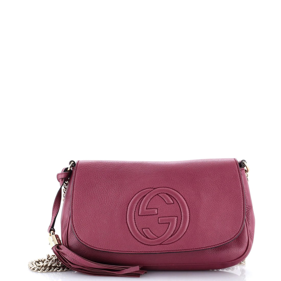 Chain Crossbody Bag Leather Medium Gucci: Chain Crossbody Bag Leather Medium Gucci The Gucci Soho Chain Crossbody Bag Leather Medium features a rich purple exterior with neutral interior and gold tone hardware. With its chain-link strap and t