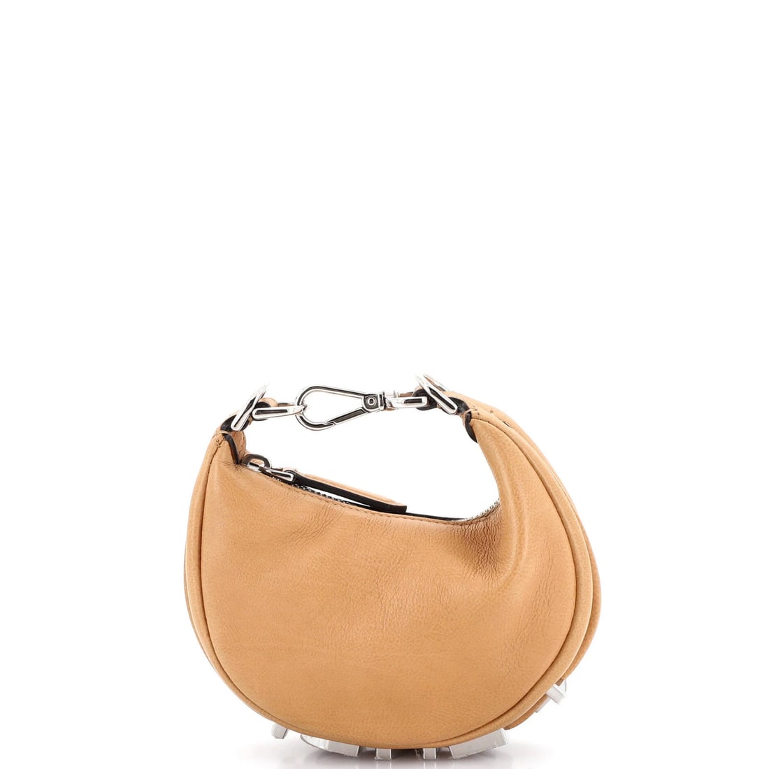 Bag Leather nano Fendi bag: Bag Leather nano Fendi bag Bag Leather nano Fendi bag features a neutral exterior with scuffs and minor edge wear, while its interior boasts brown fabric. The silver hardware shows signs of scratches,