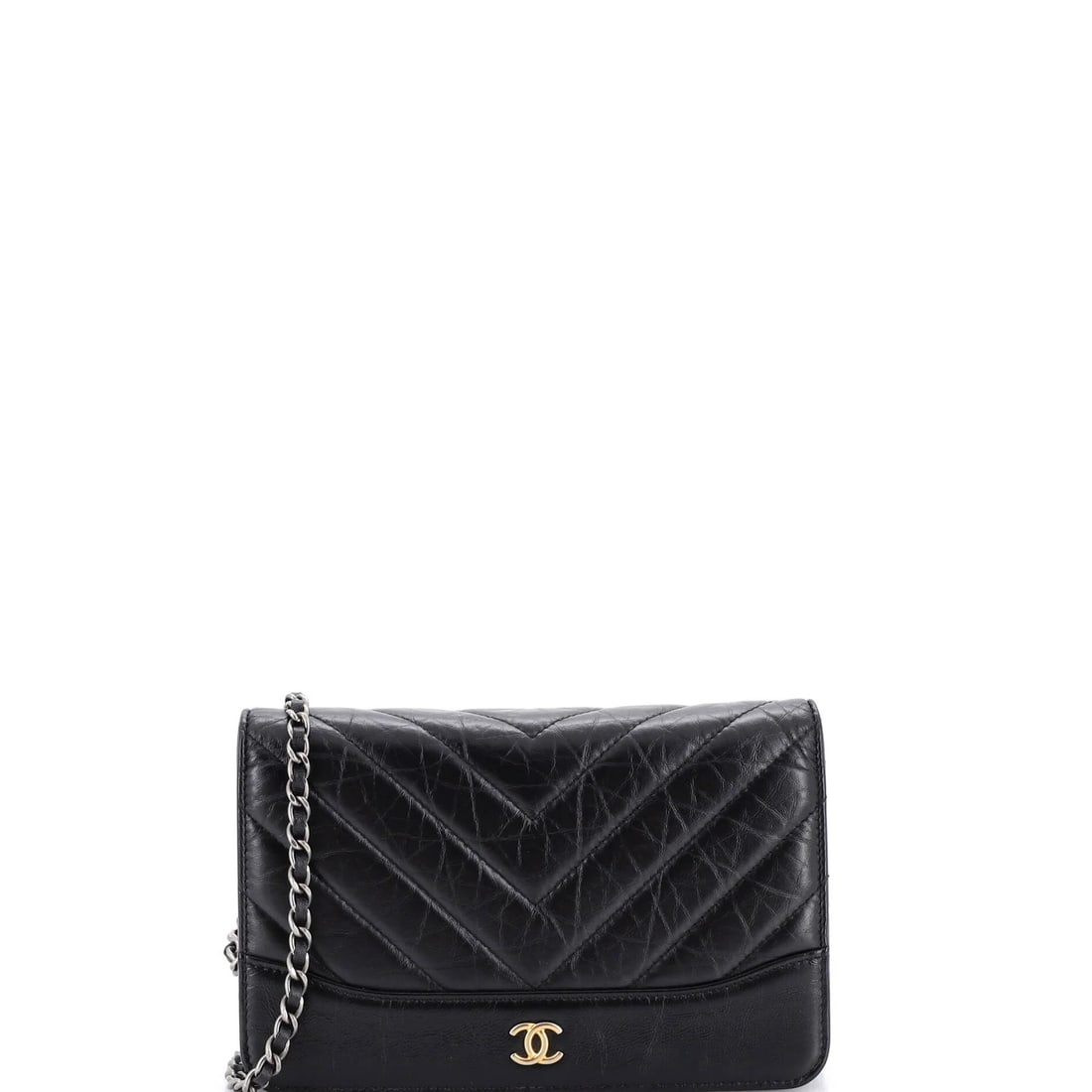 Calfskin Aged Chevron Chain Wallet Gabrielle Chanel: Calfskin Aged Chevron Chain Wallet Gabrielle Chanel The Chanel Gabrielle Wallet on Chain Chevron Aged Calfskin features a classic design with an aged look, showcasing a black exterior with minor edge 