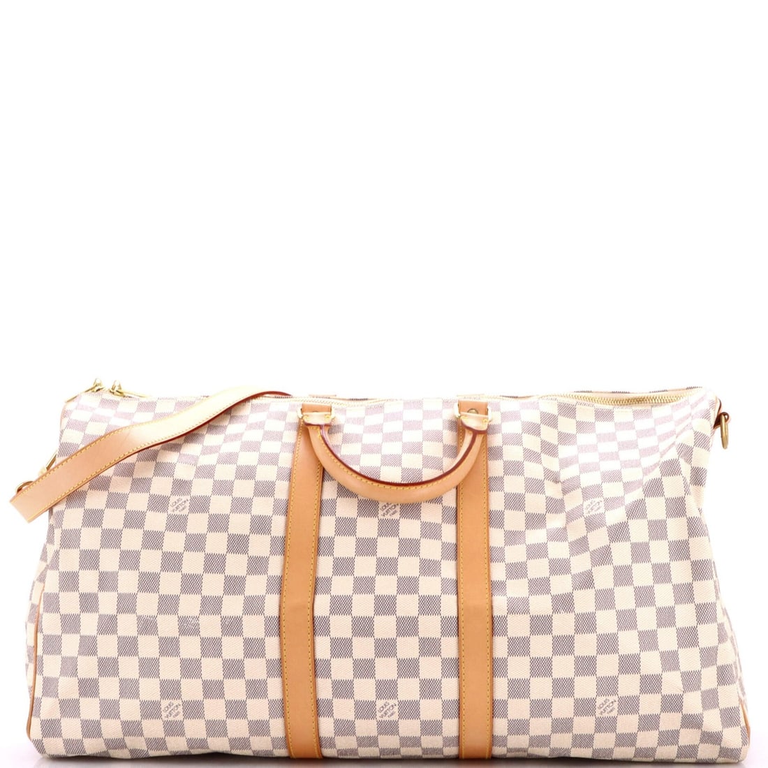 Damier 55 Louis Vuitton Bandouliere: Damier 55 Louis Vuitton Bandouliere White Damier 55 canvas coated Louis Vuitton bandouliere bag with neutral interior and gold hardware. Measuring 11" high, 22" wide, and 9.5" deep, this classic Keepa