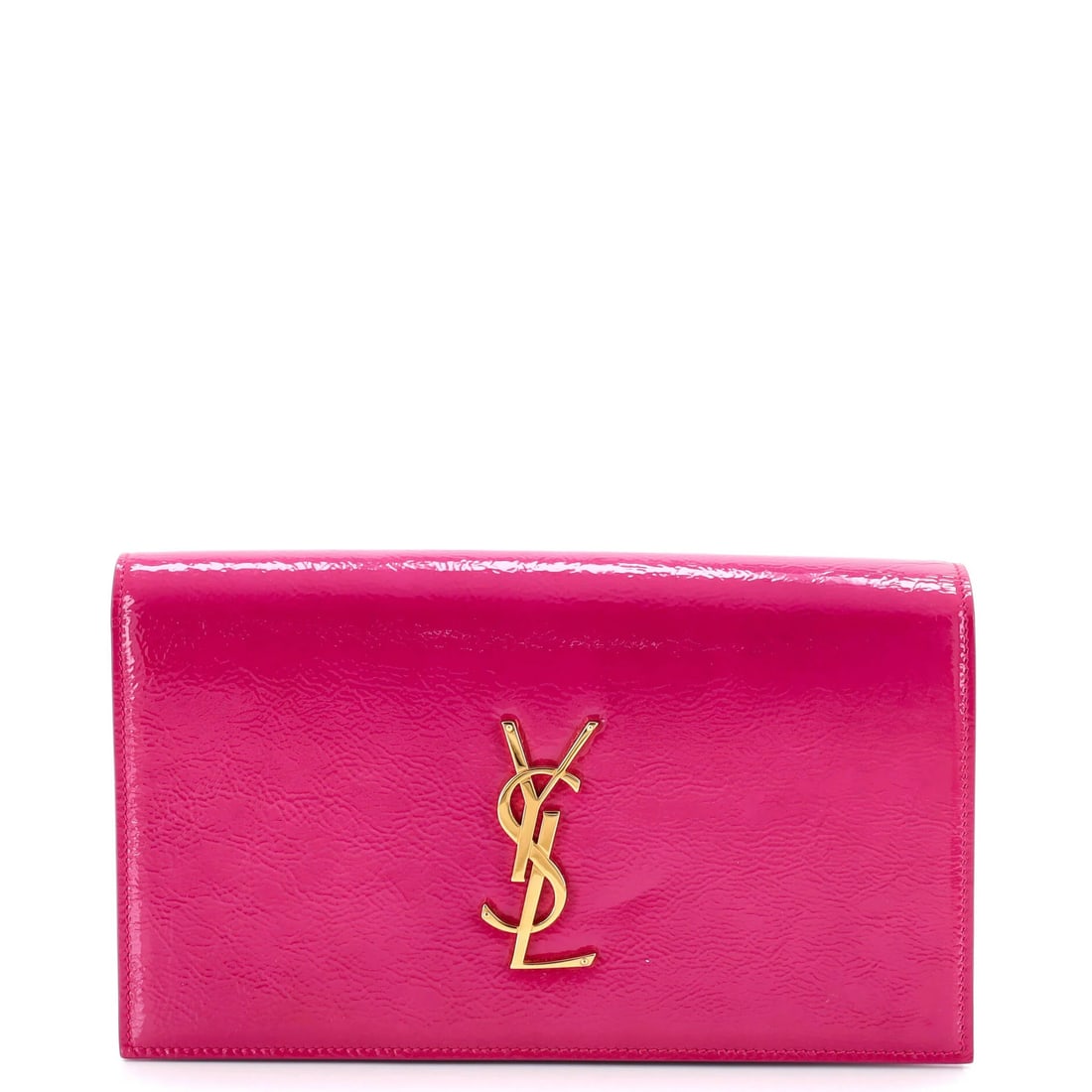 Patent classic clutch monogram large saint laurent: Patent classic clutch monogram large saint laurent Pink patent classic clutch with large monogram from Saint Laurent features a bold exterior design. The interior boasts a black fabric lining and gold