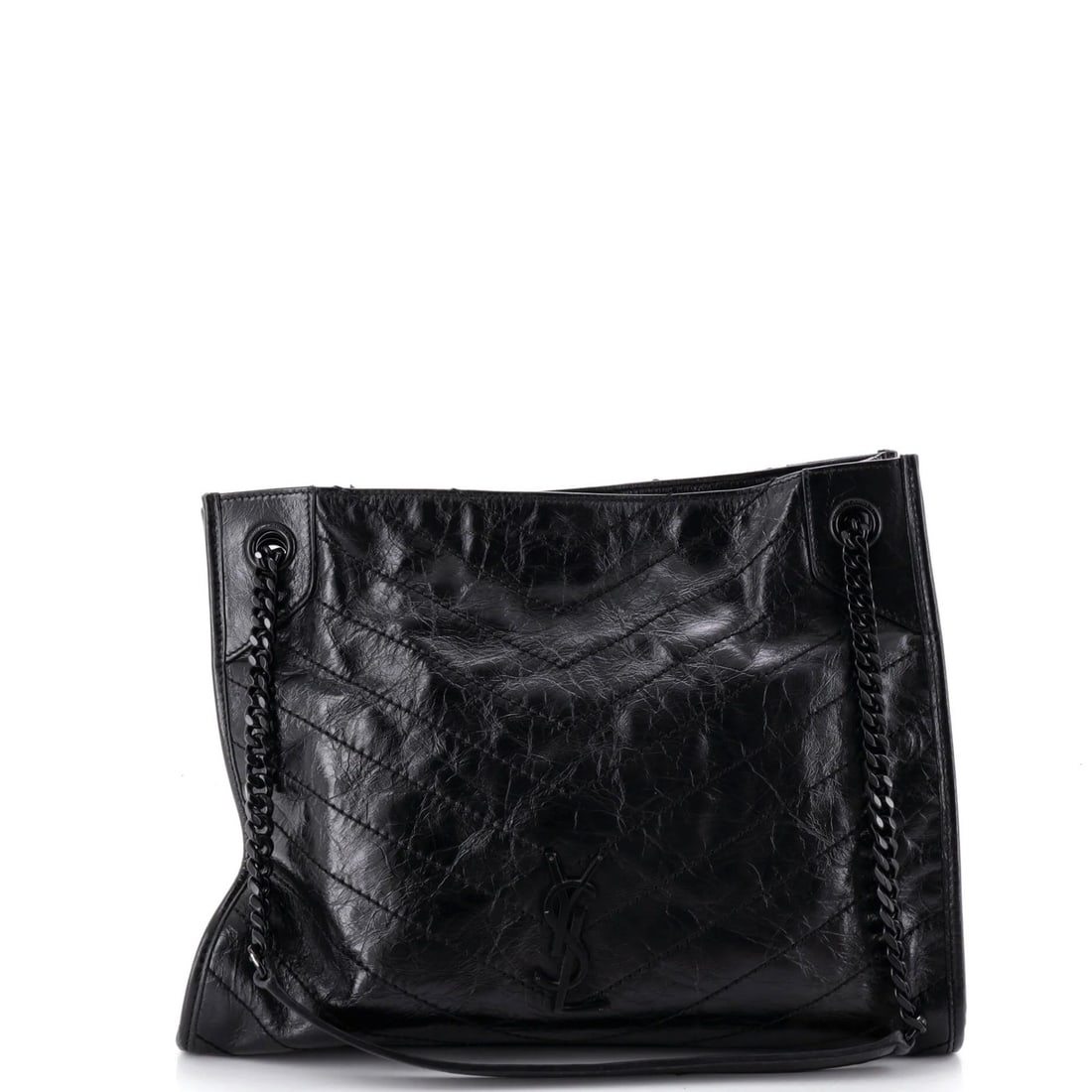 Saint Laurent Niki Shopping Medium Matelasse Leather Tote Chevron: Saint Laurent Niki Shopping Medium Matelasse Leather Tote Chevron Black Saint Laurent Niki Shopping Medium Matelasse Leather Tote Chevron with minor scuffs and creases on exterior. Features a sturdy m
