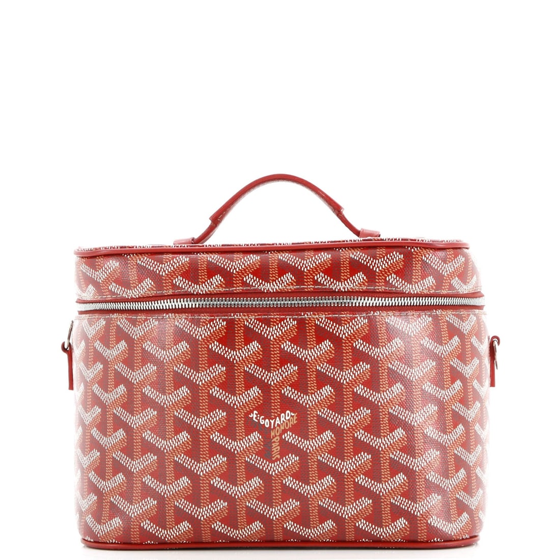 Muse Goyard Canvas Coat Vanity Case: Muse Goyard Canvas Coat Vanity Case The Muse Goyard Canvas Coat Vanity Case boasts a striking red exterior with canvas-coated charm. Measuring 6" x 8" x 5.5", this compact cosmetic case features a yel
