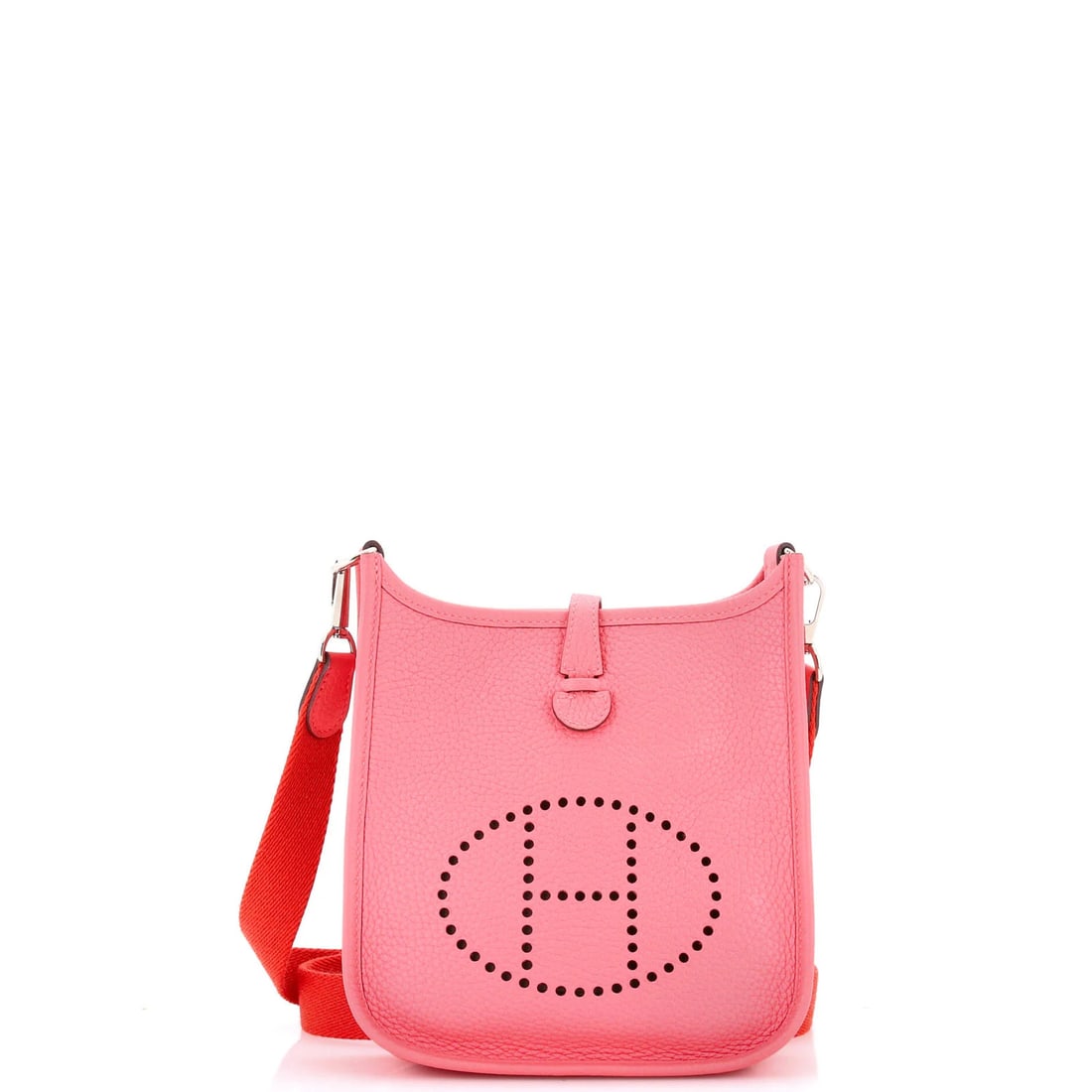 Gen III Clemence Evelyne Bag Hermes TPM: Gen III Clemence Evelyne Bag Hermes TPM The Gen III Clemence Evelyne Bag from Hermes features a striking pink exterior with minor creases and cracking. This cross-body bag boasts a sturdy design with